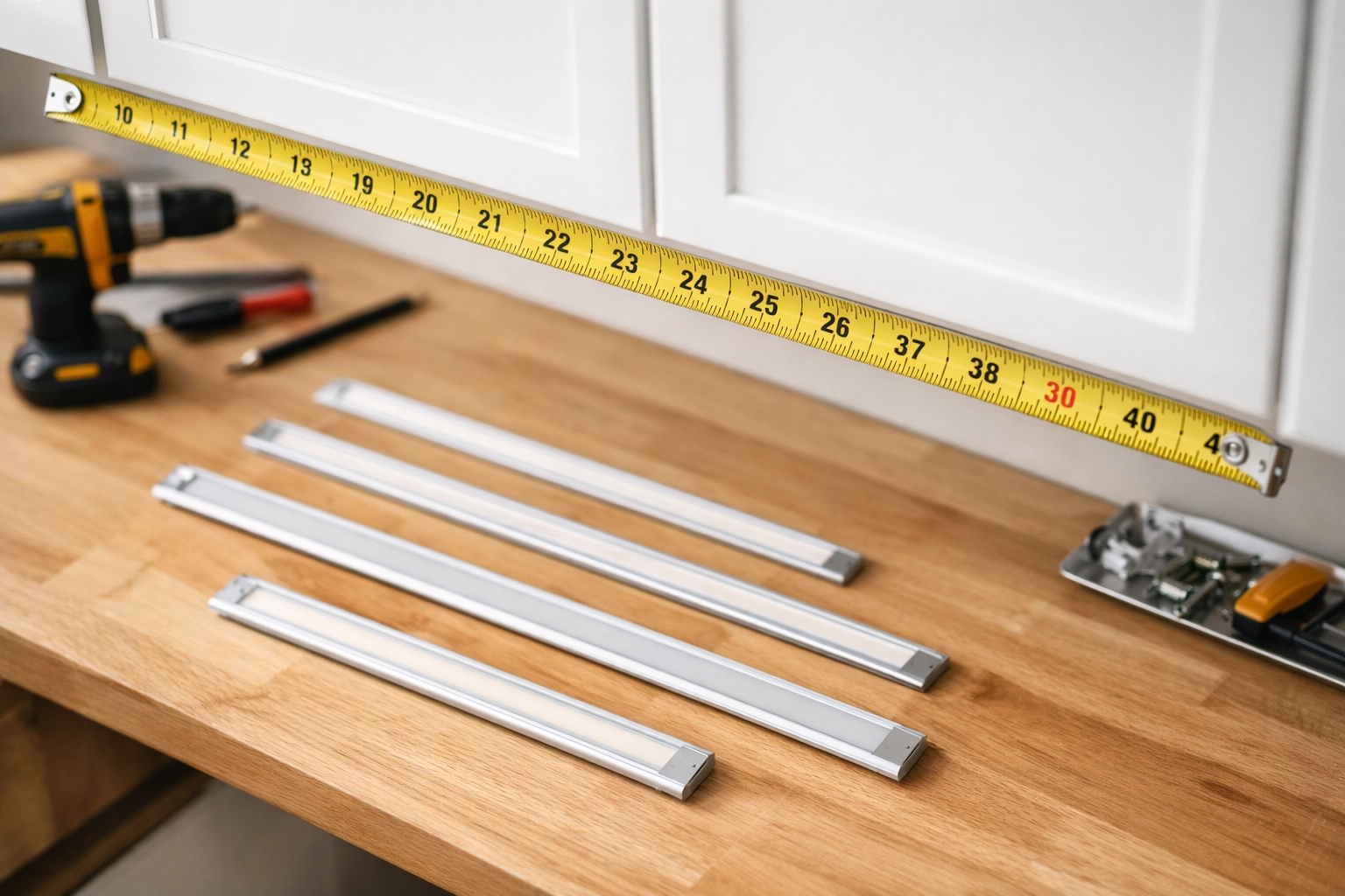 Measuring tape and LED light strips for accurate under cabinet lighting installation sizing