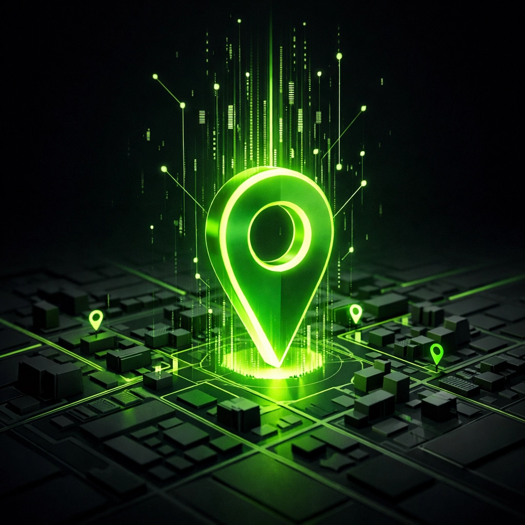 Glowing green location pin on a digital map highlighting a premium Houston towing directory spot.