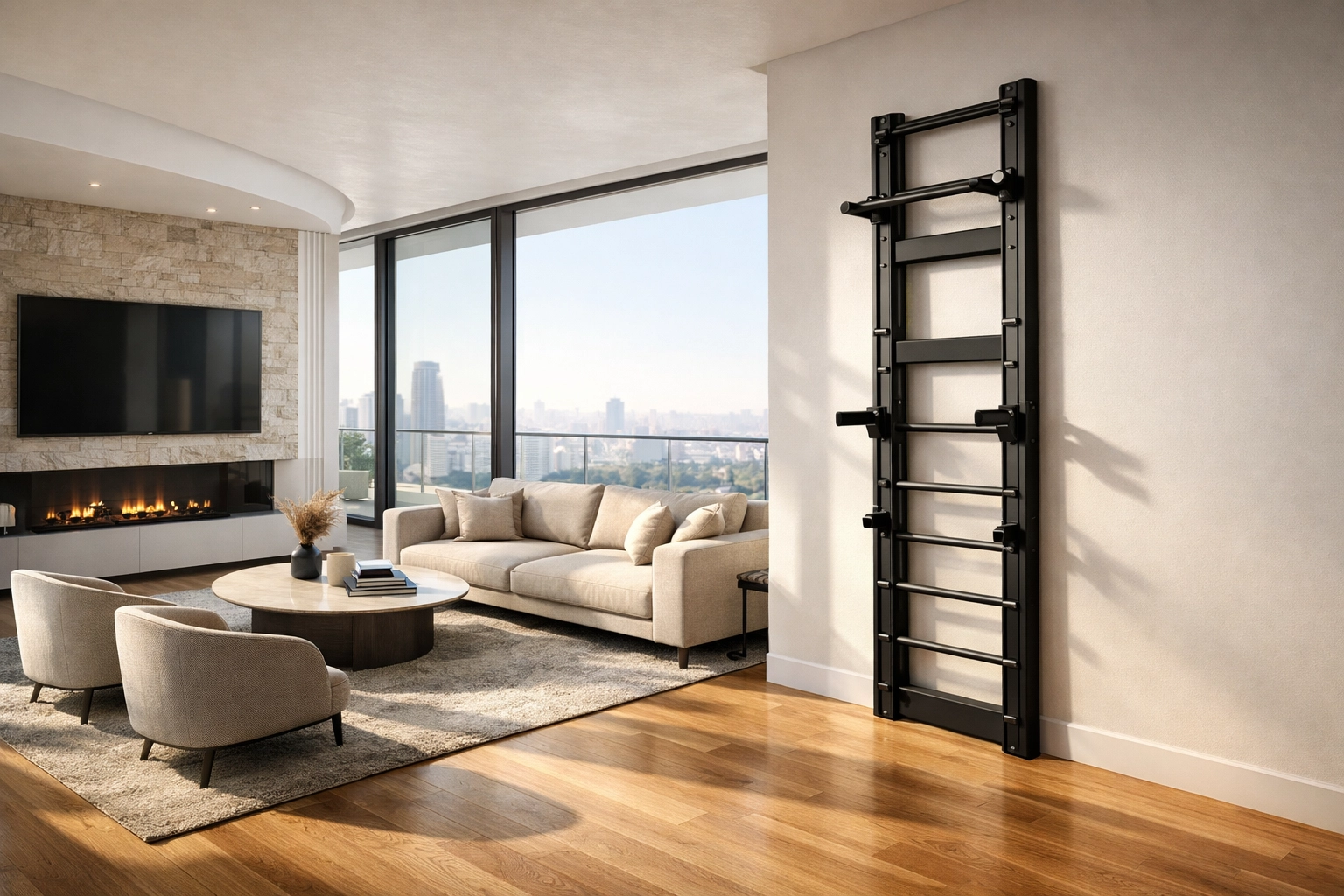 Floor to ceiling gym system in a modern living room showing space-saving home gym equipment.