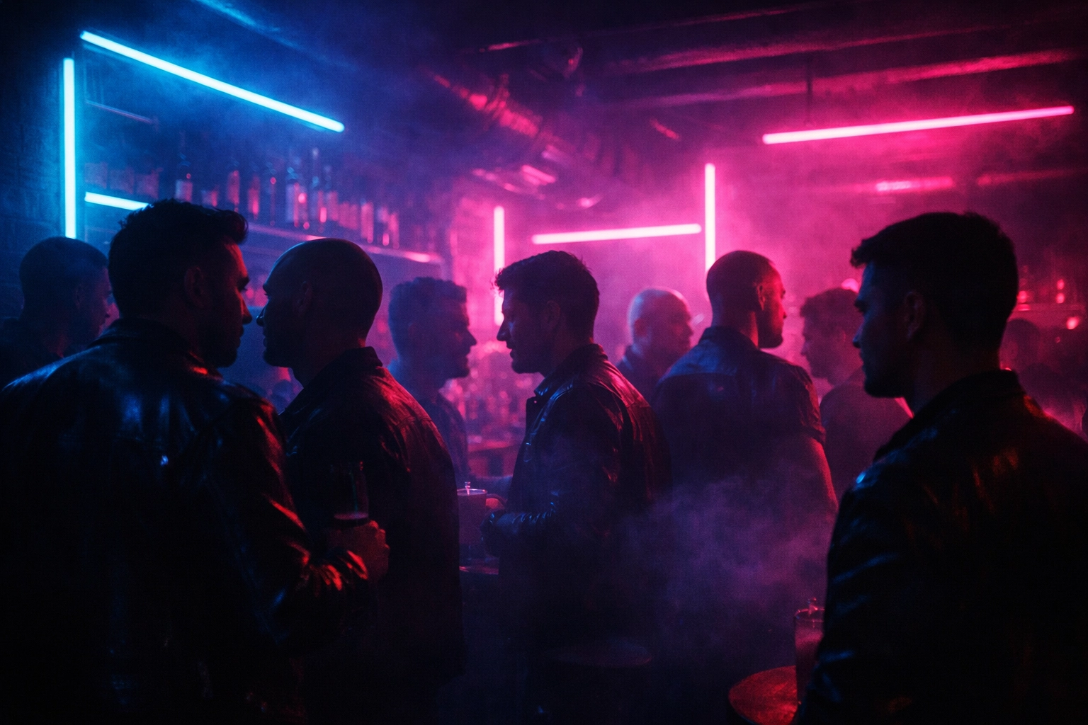 Gay cruising bar interior with blue and pink neon lights, men socializing in shadows