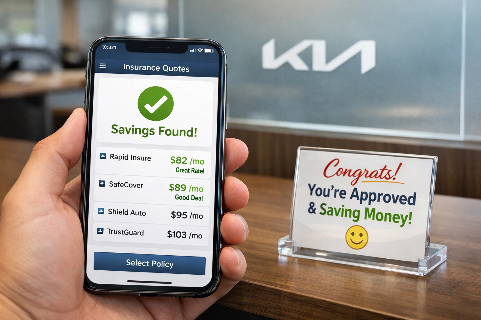 Smartphone showing insurance rate comparisons for a new car at a Roseville Kia sales desk.