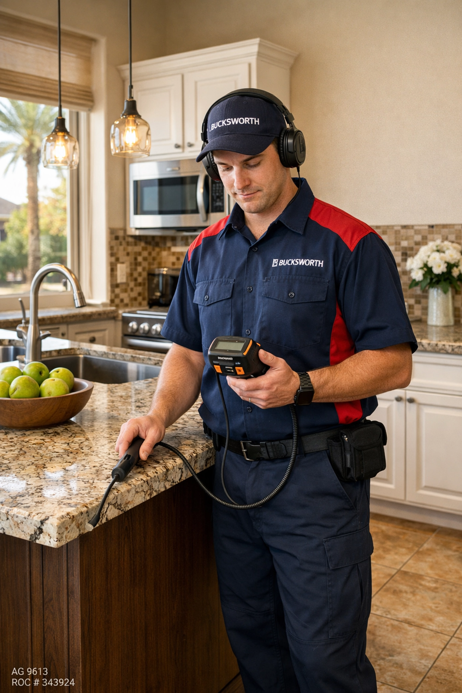 Bucksworth Home Services technician providing emergency plumbing leak detection in a Chandler home.
