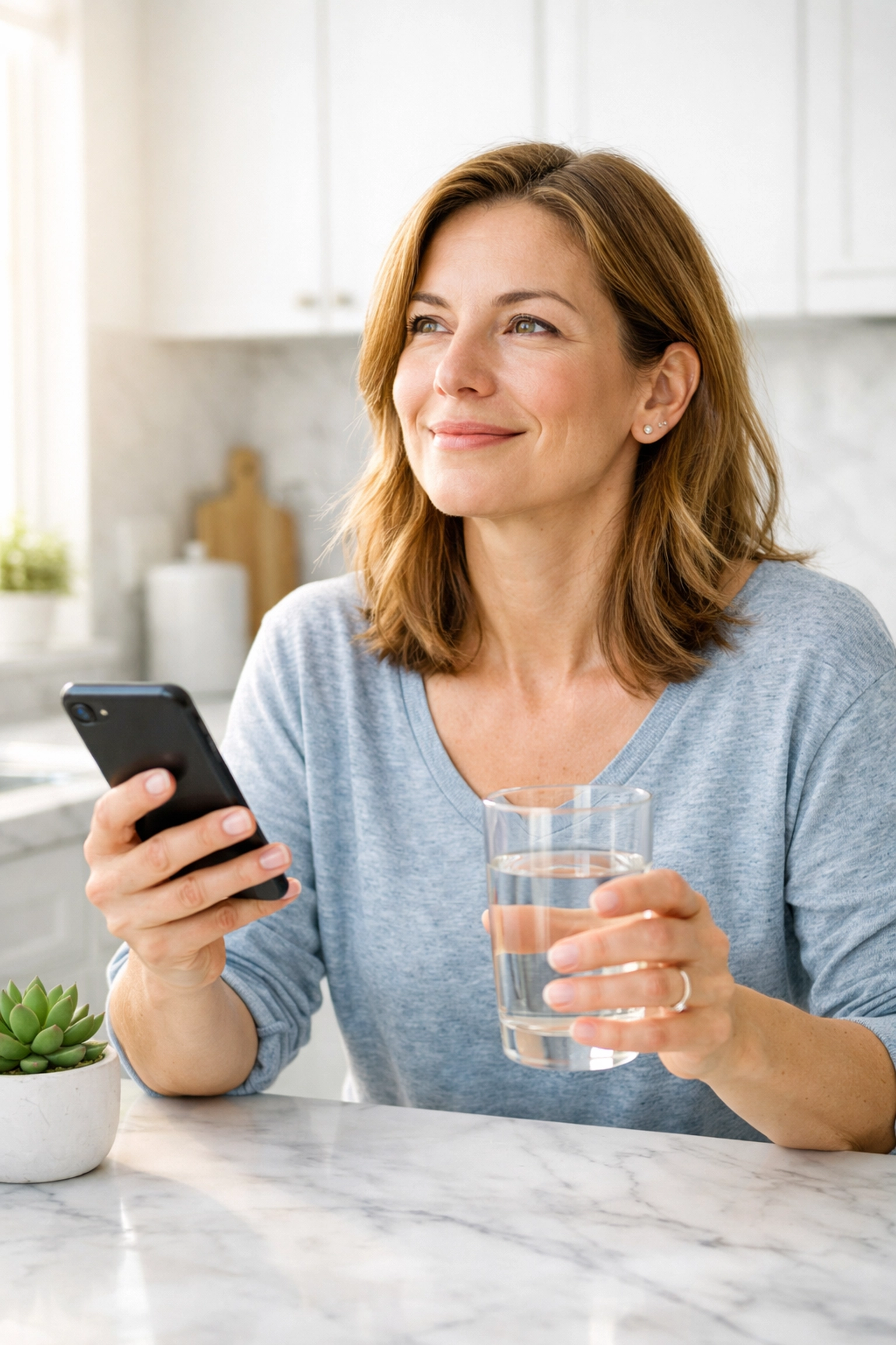 A woman beginning her medical weight loss journey while exploring affordable Wegovy substitute options on her phone.