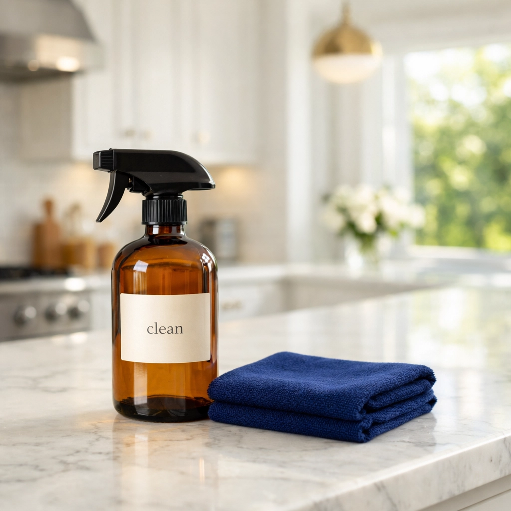 Eco-friendly Needham estate cleaning products on a luxury white marble kitchen island.