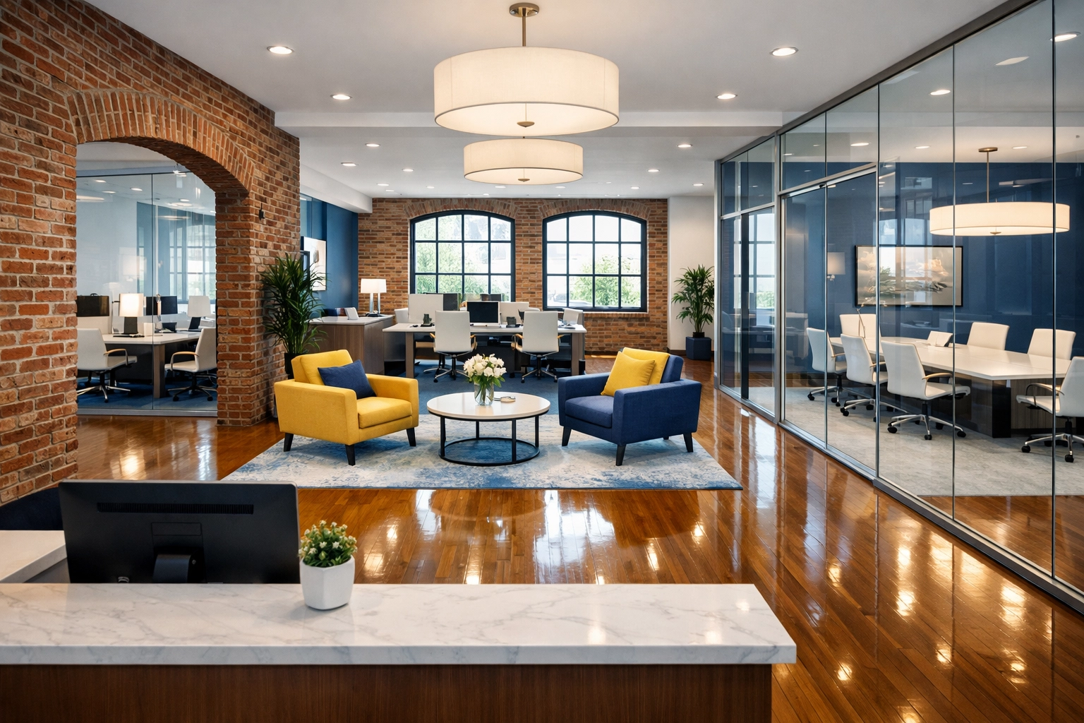 Polished office cleaning results in a North Andover commercial lobby with shining hardwood floors.