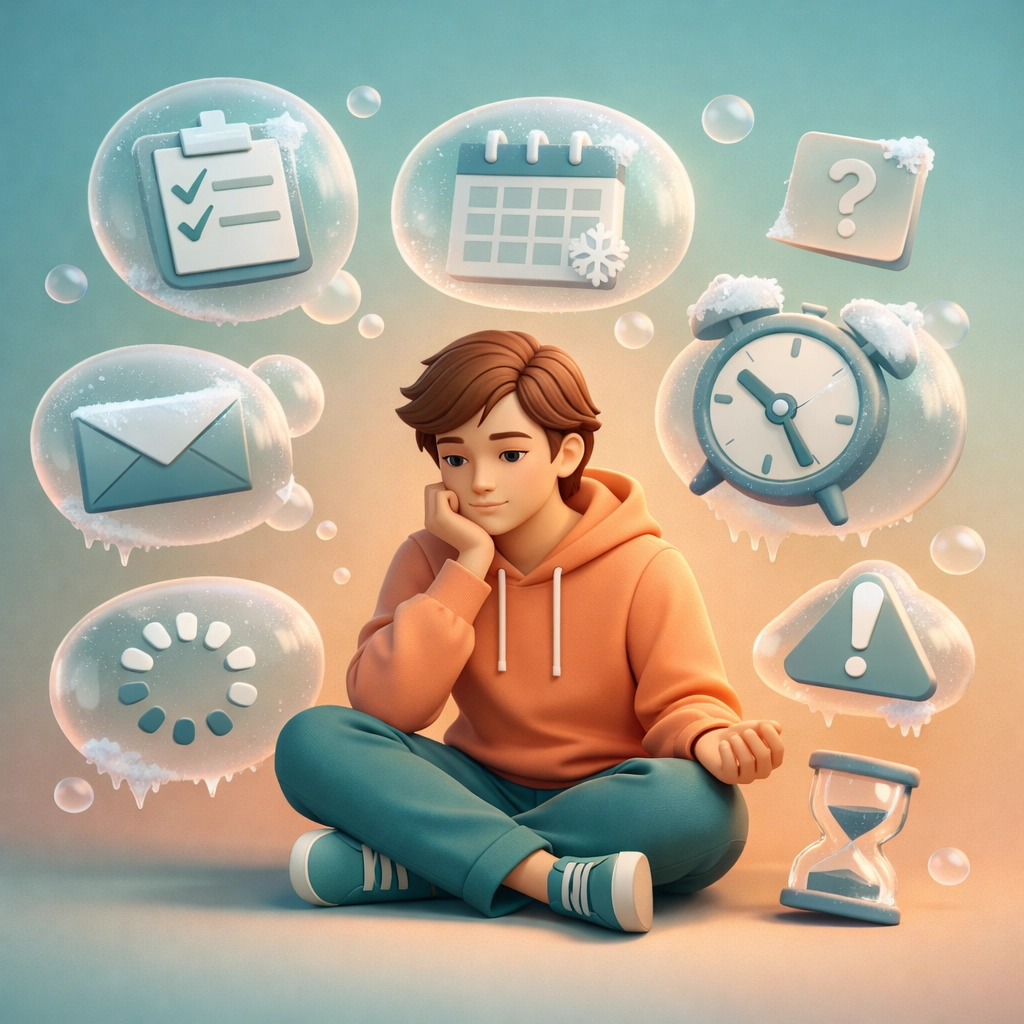 Person experiencing ADHD paralysis with frozen thoughts and tasks floating around them