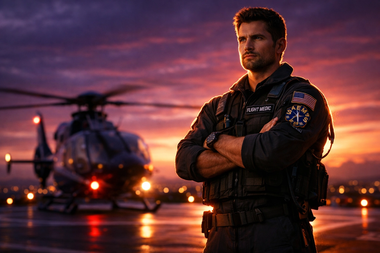 Male flight medic in uniform standing confidently by helicopter at dusk