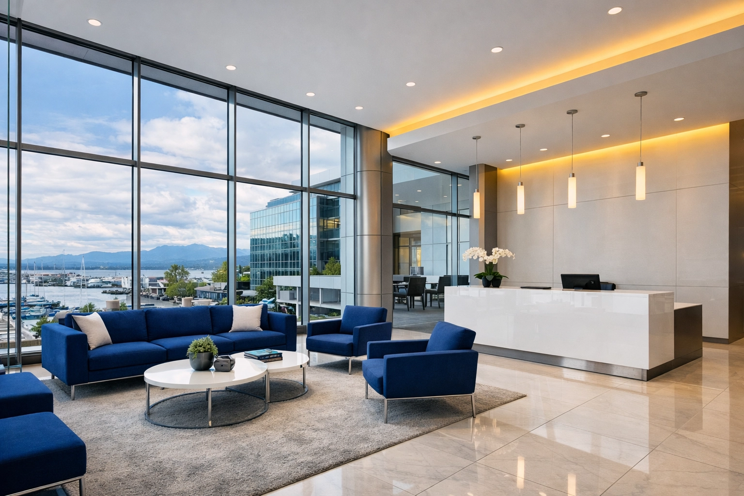 Immaculate modern office lobby in Everett showcasing professional commercial cleaning results.