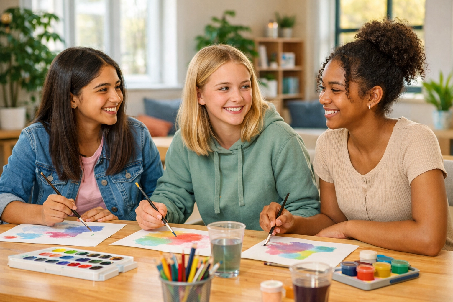 Diverse teenage girls enjoying an art therapy session at a residential treatment center.