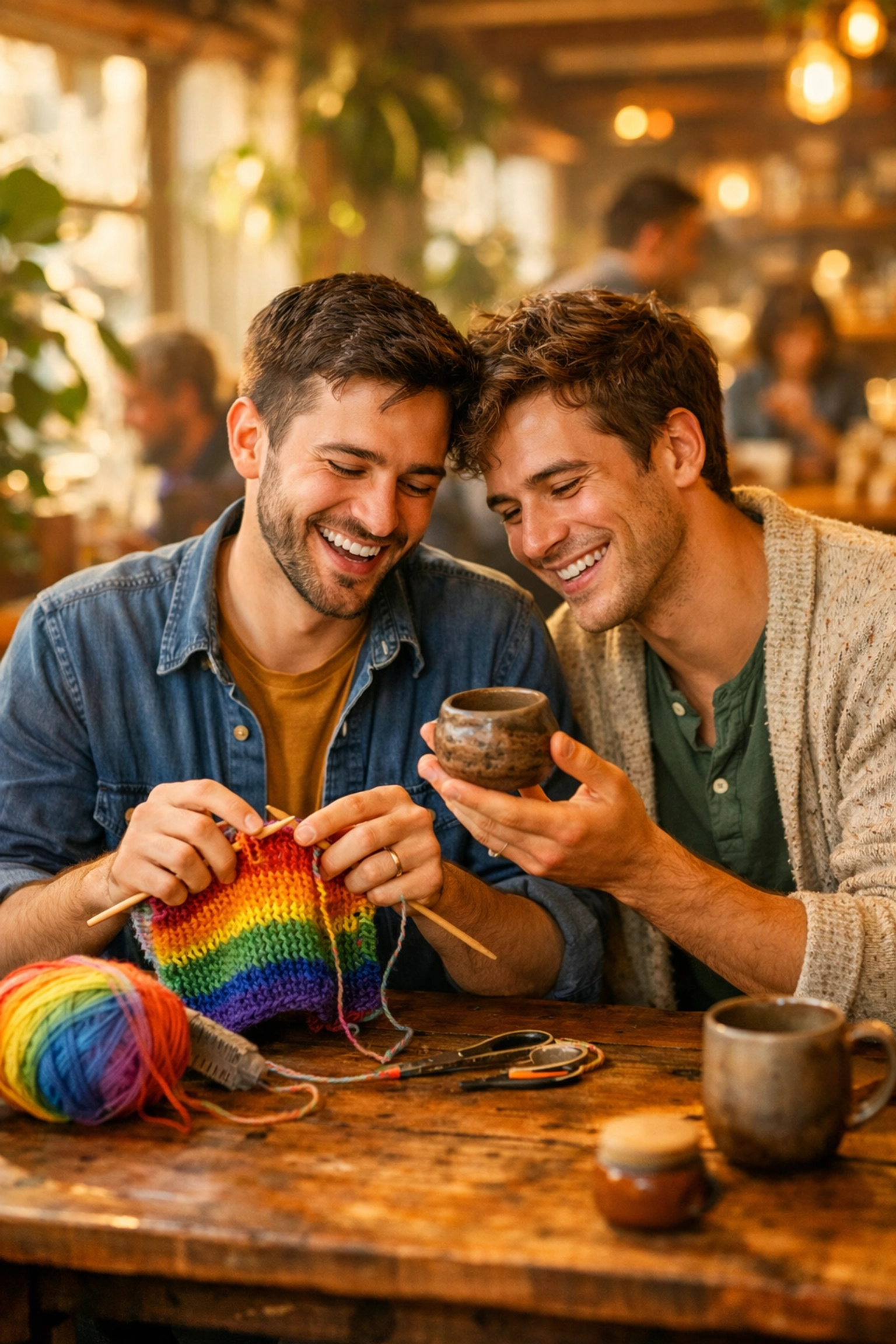 Two gay men knitting and crafting in a cafe, building queer community through creative and artistic hobbies.