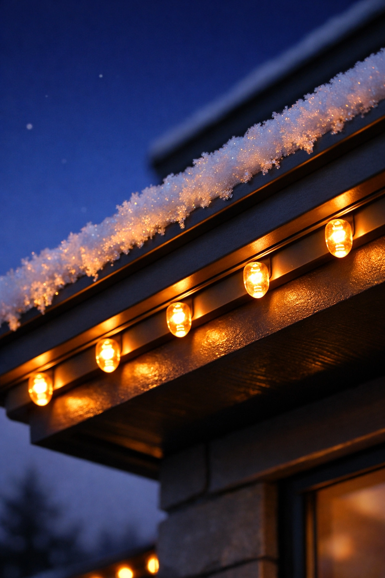 Durable permanent LED holiday lights glowing under eaves in the Denver winter snow.