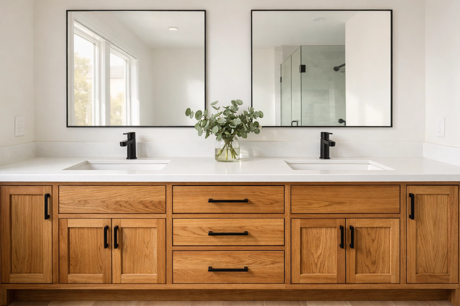 Custom white oak bathroom vanity with double sinks and quartz countertops for a Minnesota renovation.