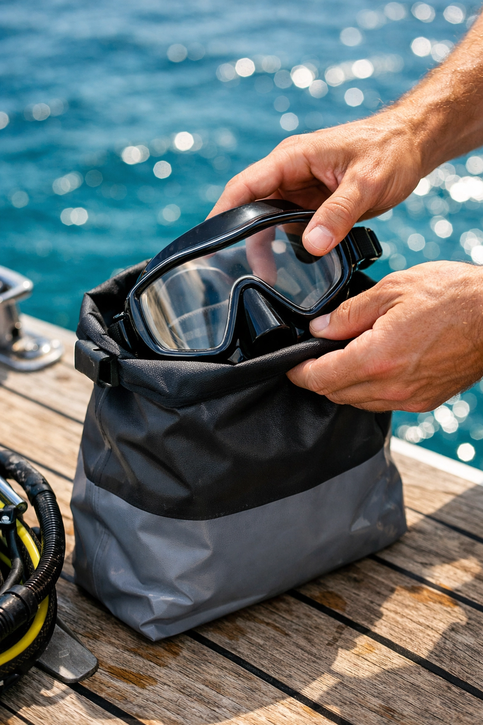 Packing a professional scuba diving mask into a waterproof dry bag on a boat deck.