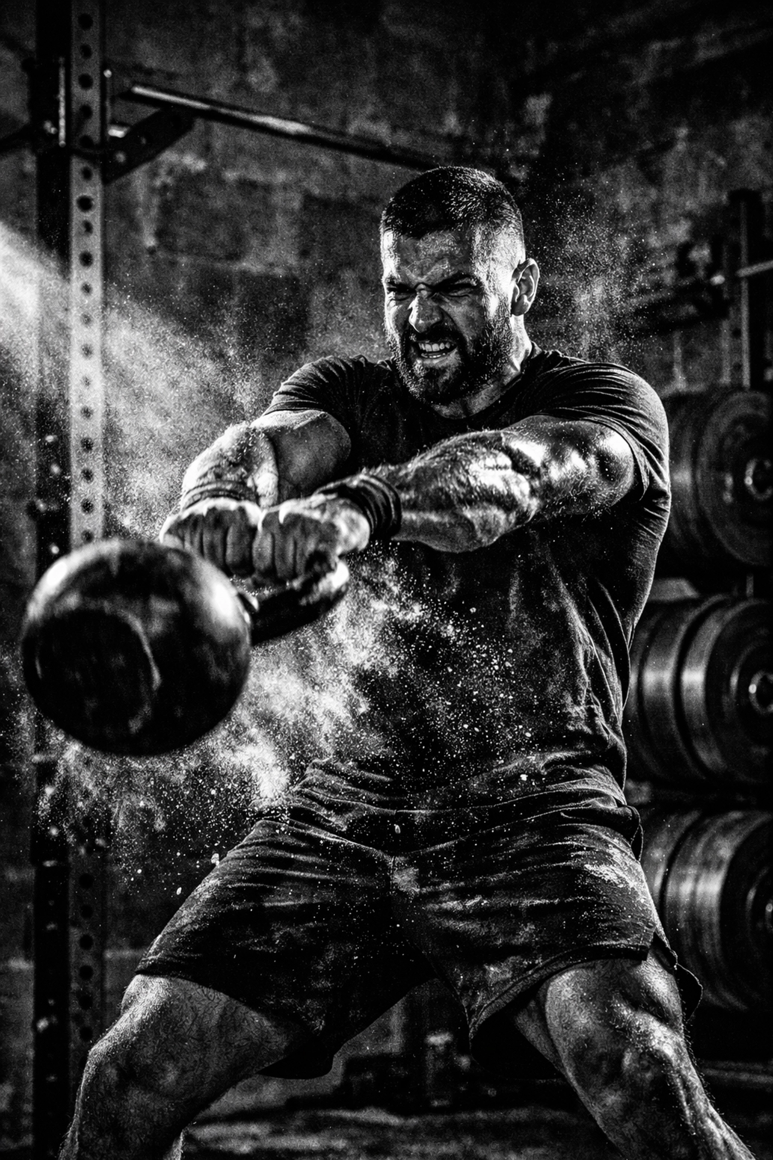 Intense crossfit home gym setup featuring a heavy-duty rail station for a full body workout at home.