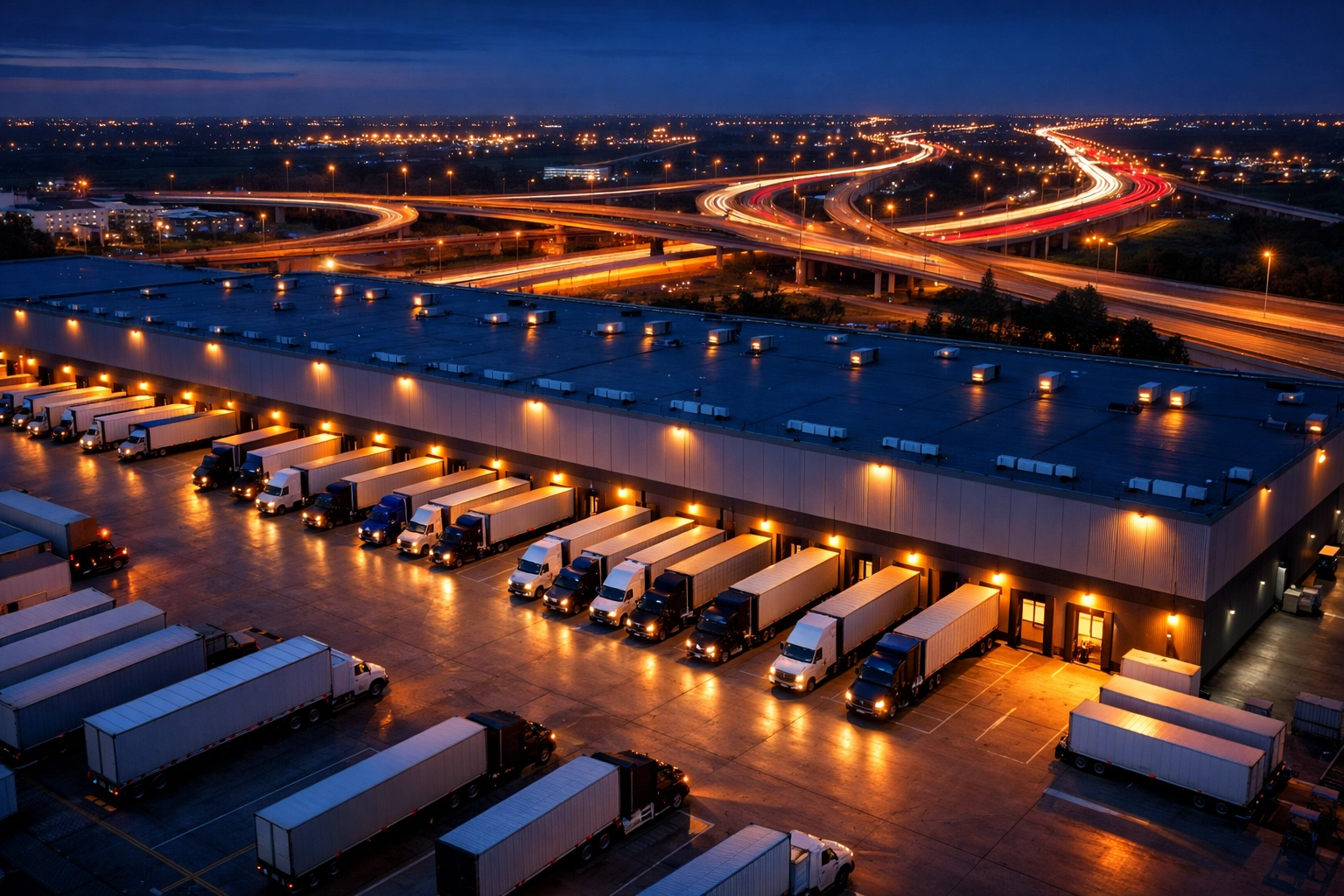Modern fulfillment center hub at twilight illustrating efficient shipping and logistics strategy.