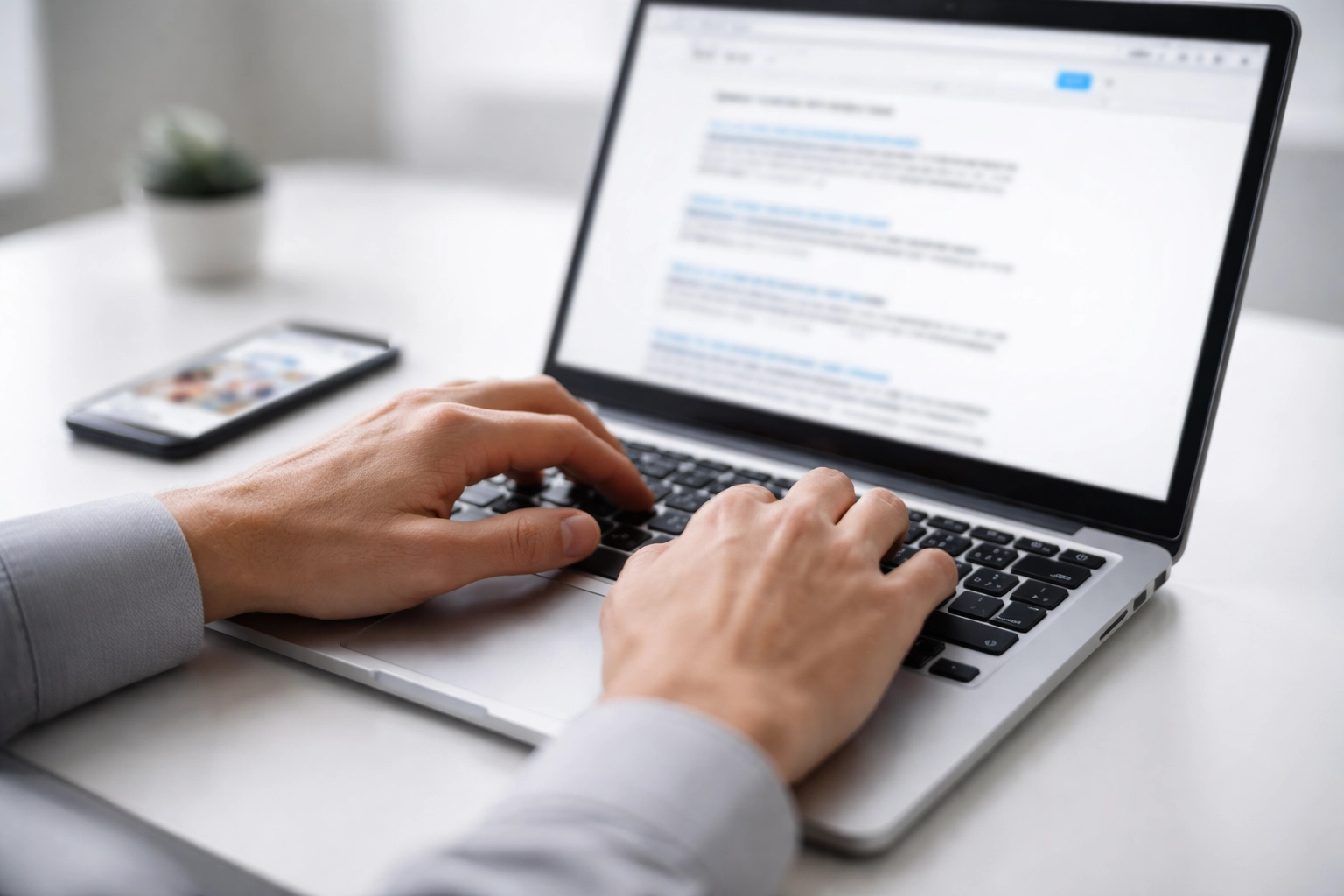 Hands typing on laptop with search results, highlighting importance of keywords for AI-driven discovery
