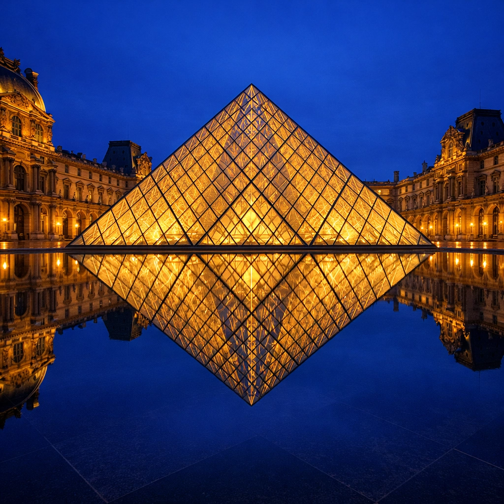 The Louvre Pyramid glowing at night during blue hour, a top Paris photography spot.