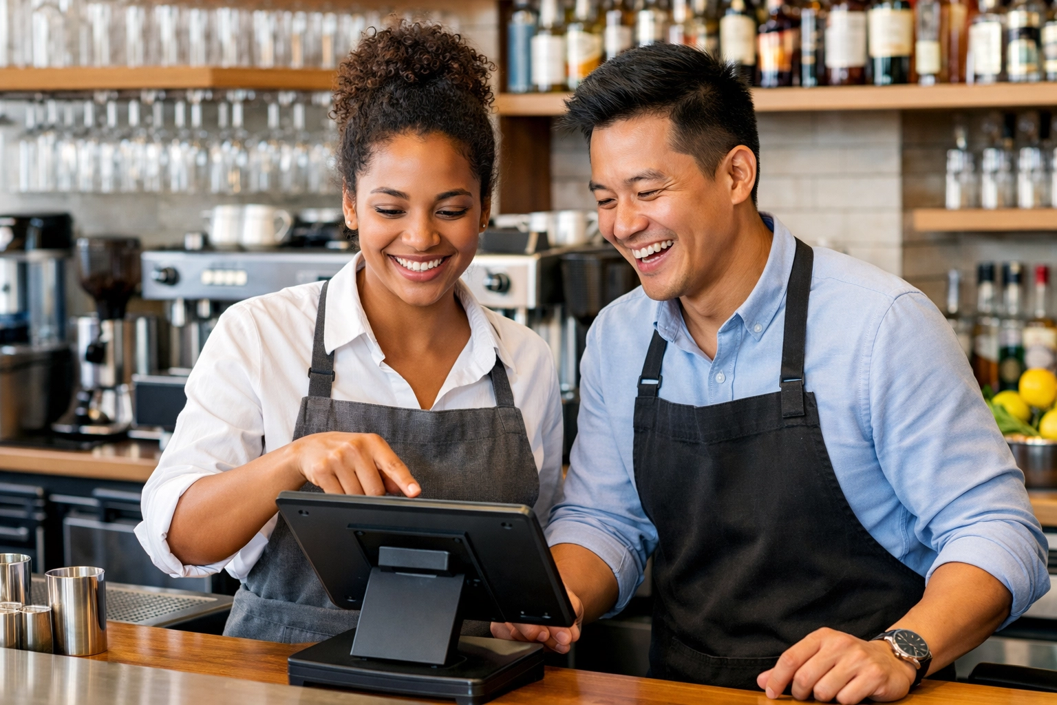 Hospitality staff using a tablet-based restaurant POS system in a modern bar setting.