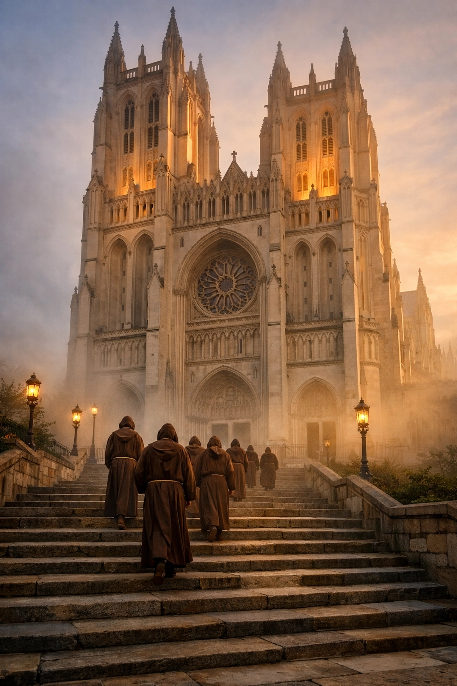 Monks completing peace walk pilgrimage at Washington National Cathedral at dawn
