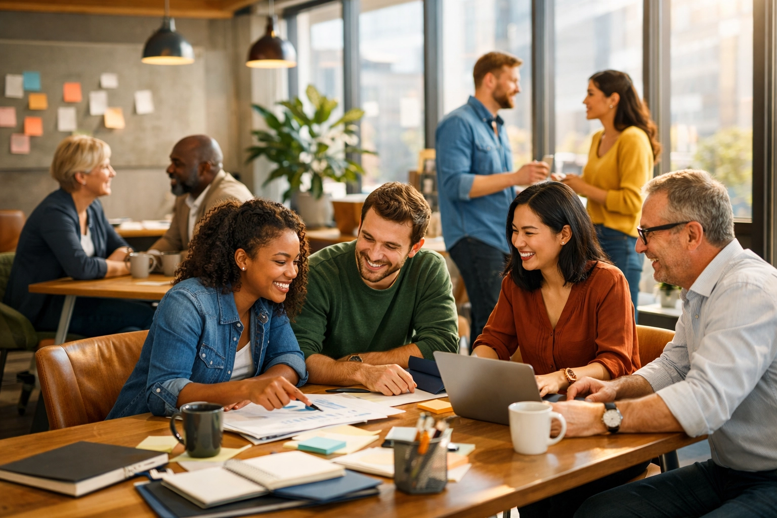 Diverse team collaborating with authentic human connection in modern workspace