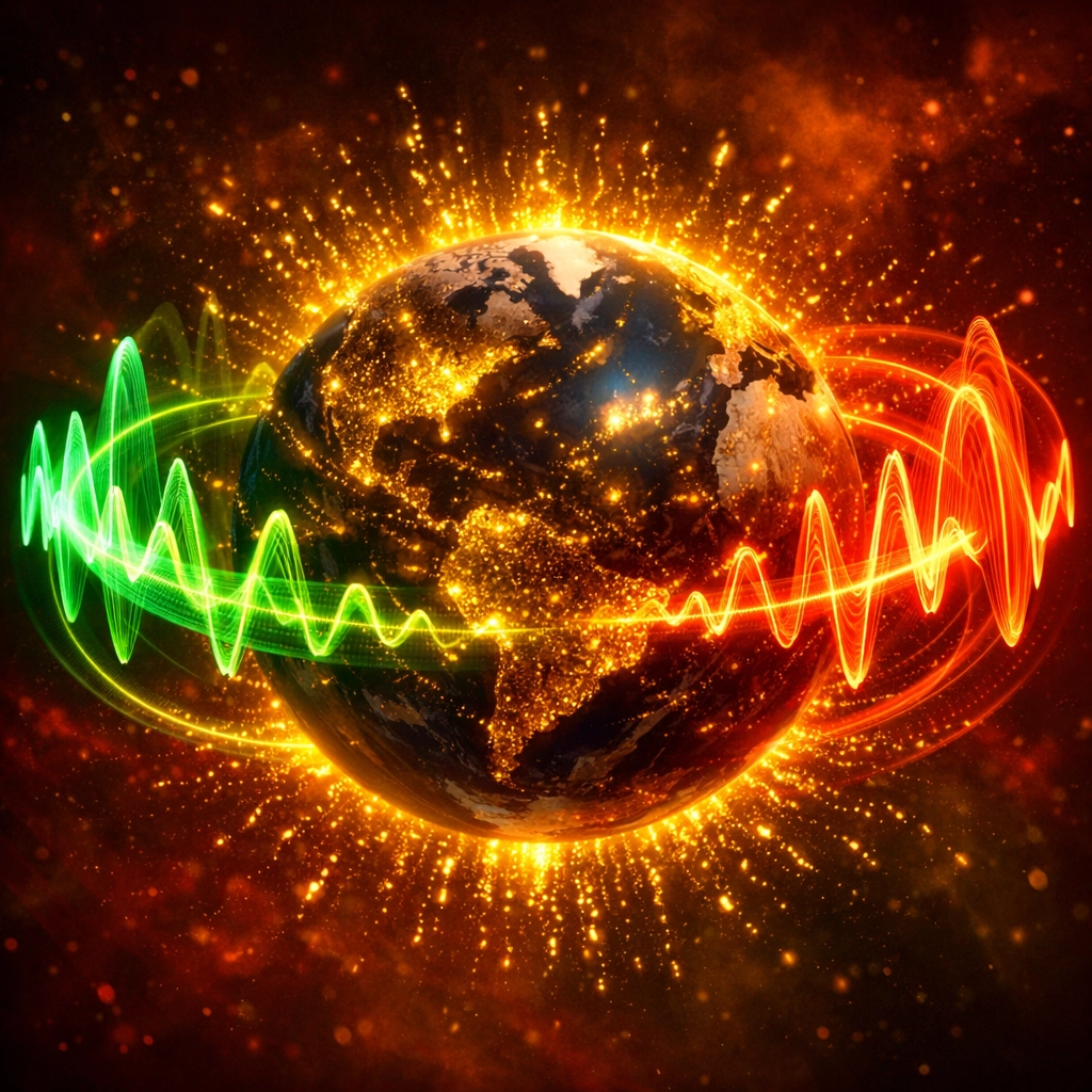 Global music frequency waves in red, gold, and green encircling the Earth to symbolize a universal anthem.