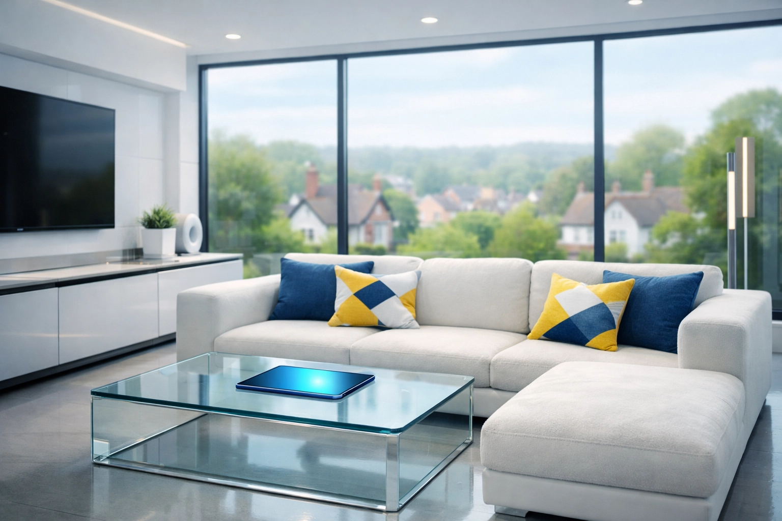 Future of professional house cleaning in a modern, tech-forward Shrewsbury living room.