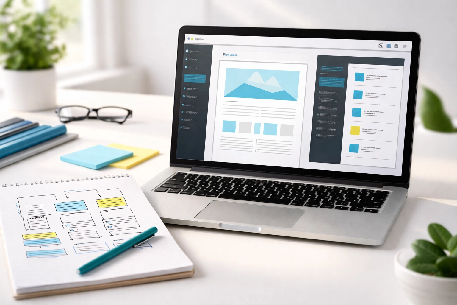 WordPress web design strategy planning with wireframes, notes, and a laptop on a bright modern desk
