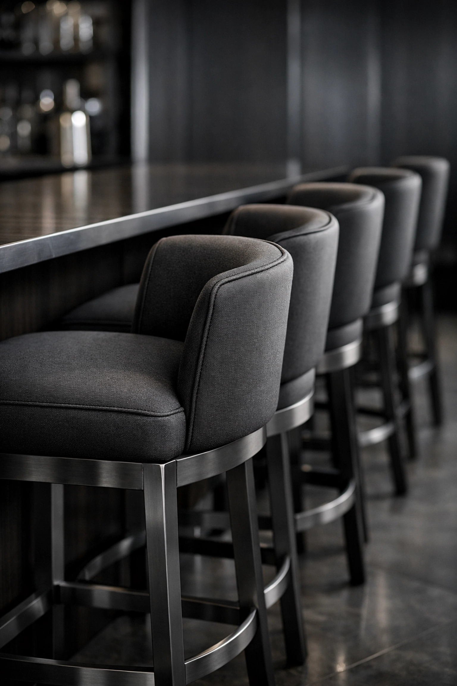 Premium upholstered bar stools with thick, supportive padding for commercial lounge seating.