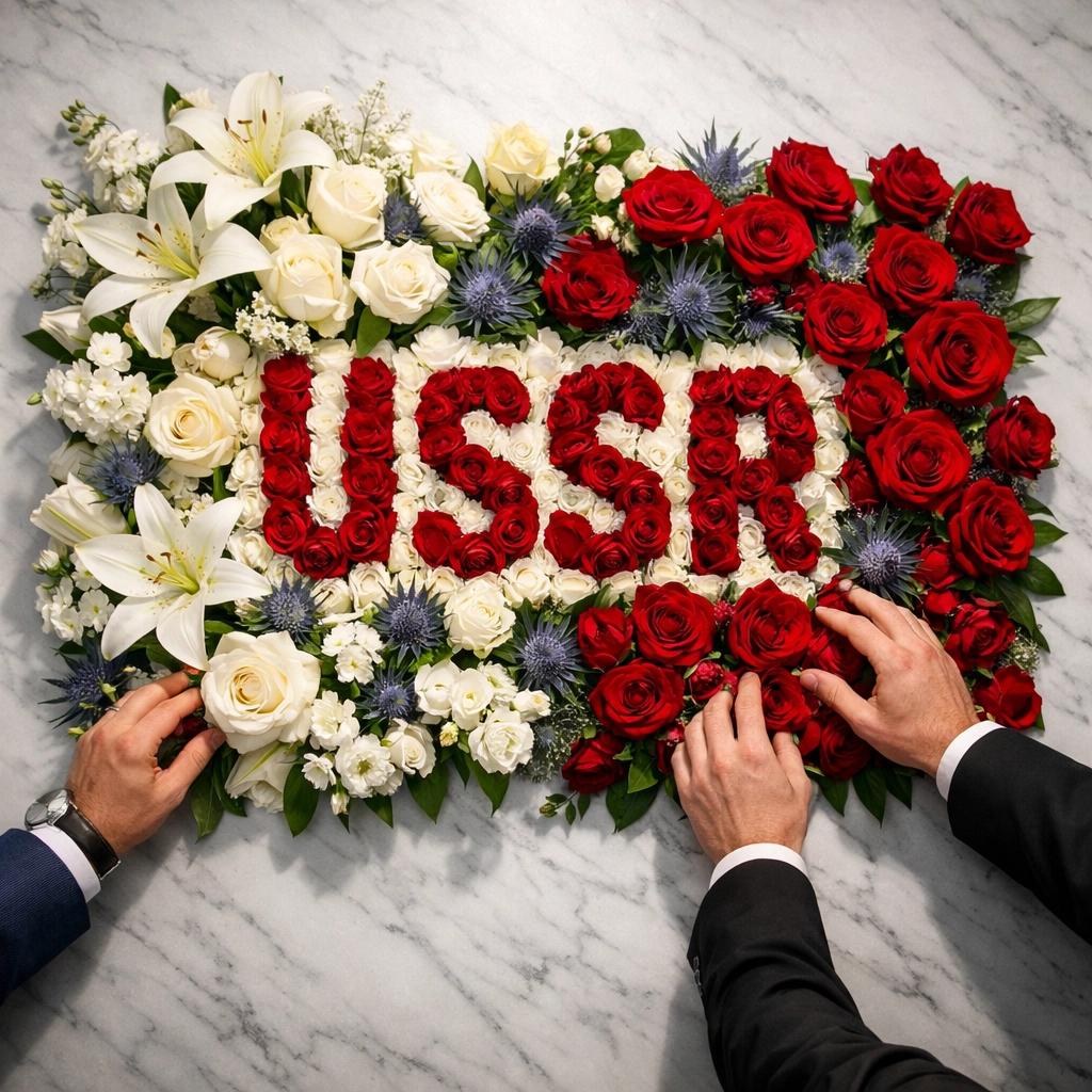 Elaborate wedding floral centerpiece with hidden coded messages using white lilies and red roses