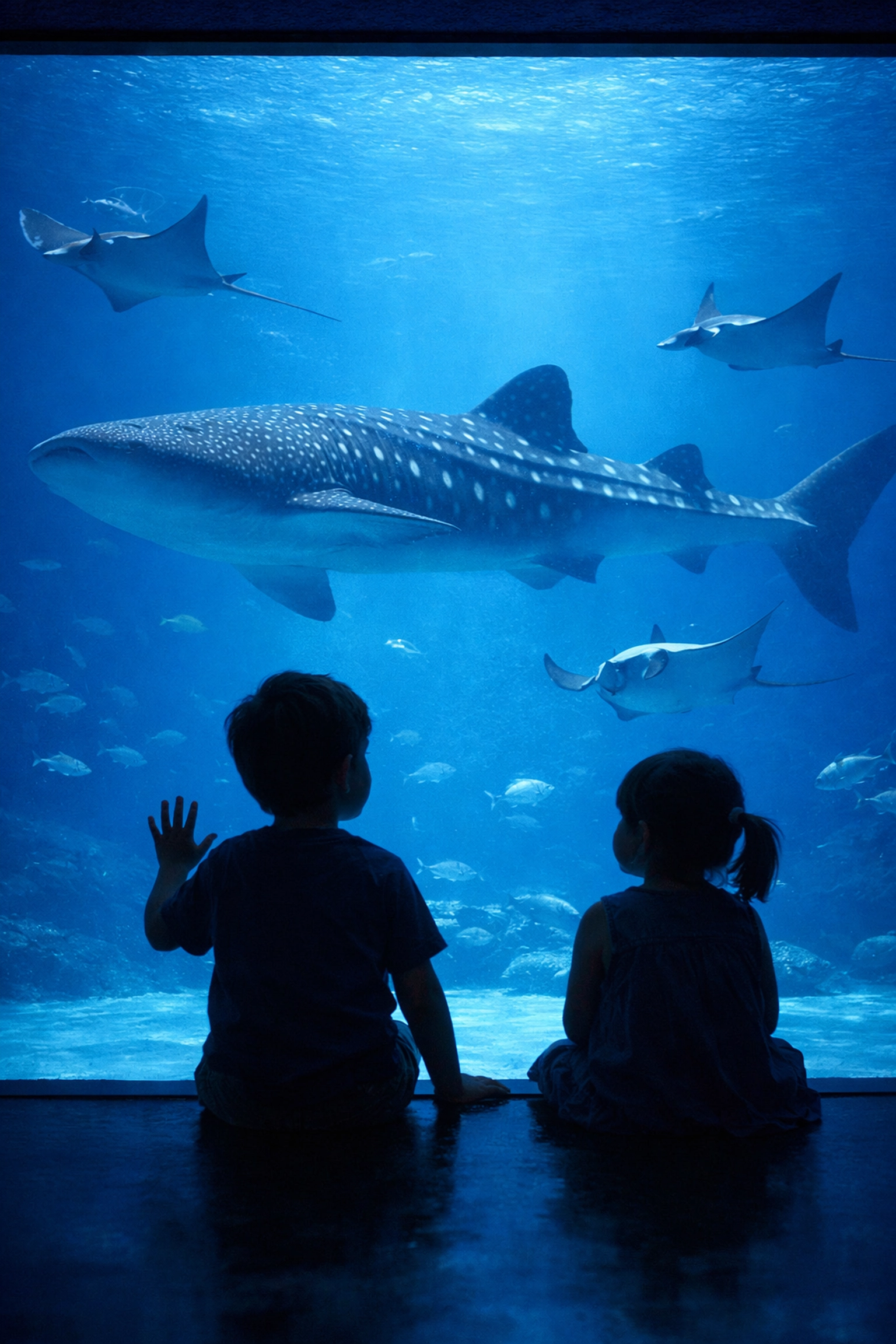 Kids silhouetted against a massive whale shark tank at a family-friendly aquarium.