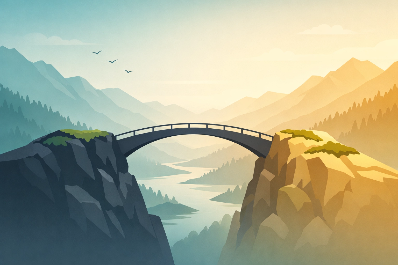 Strategic bridge between mountain peaks representing a Roth IRA conversion for tax-free retirement growth.