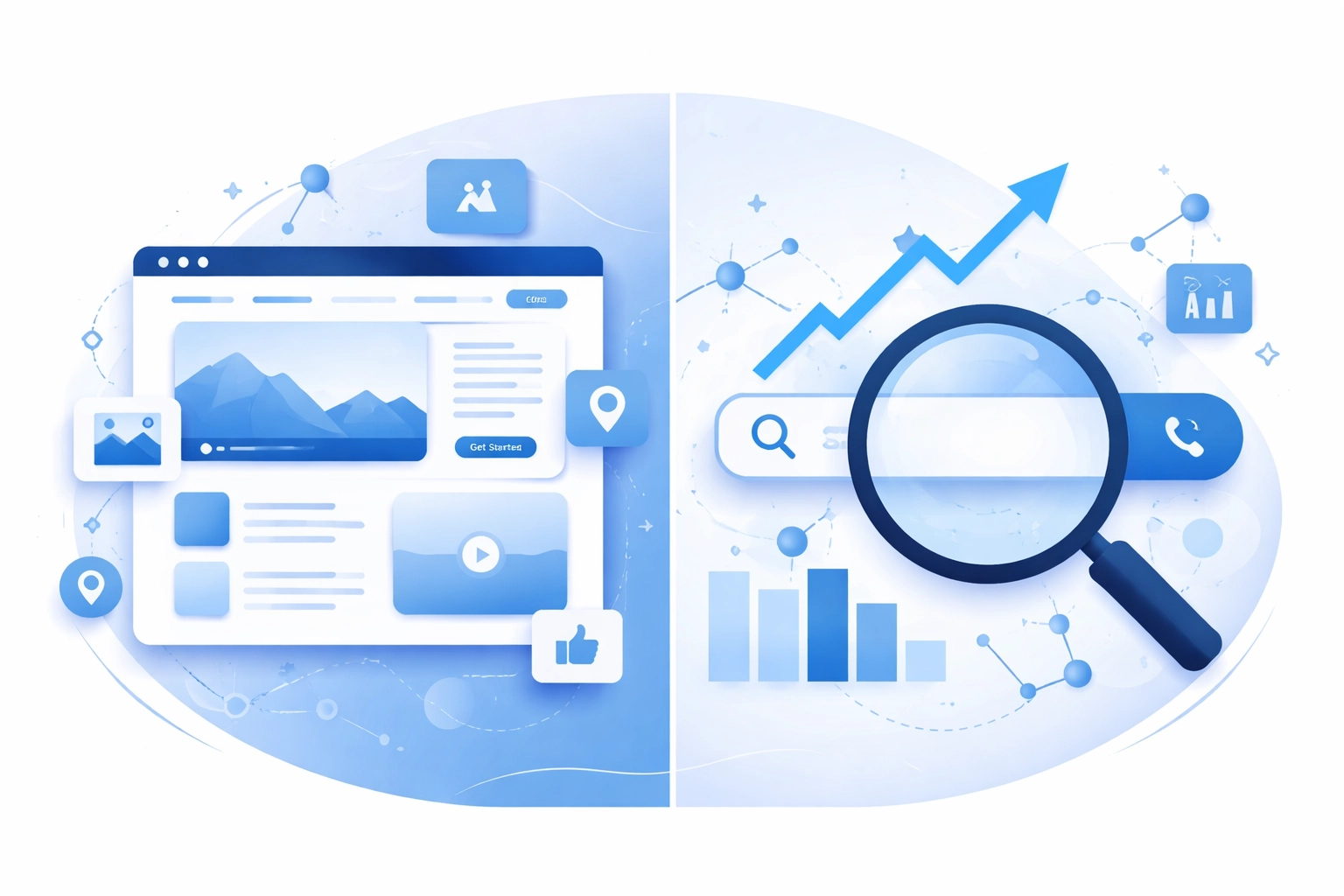 Split-screen illustration contrasting web design visuals with SEO search elements for optimal website strategy