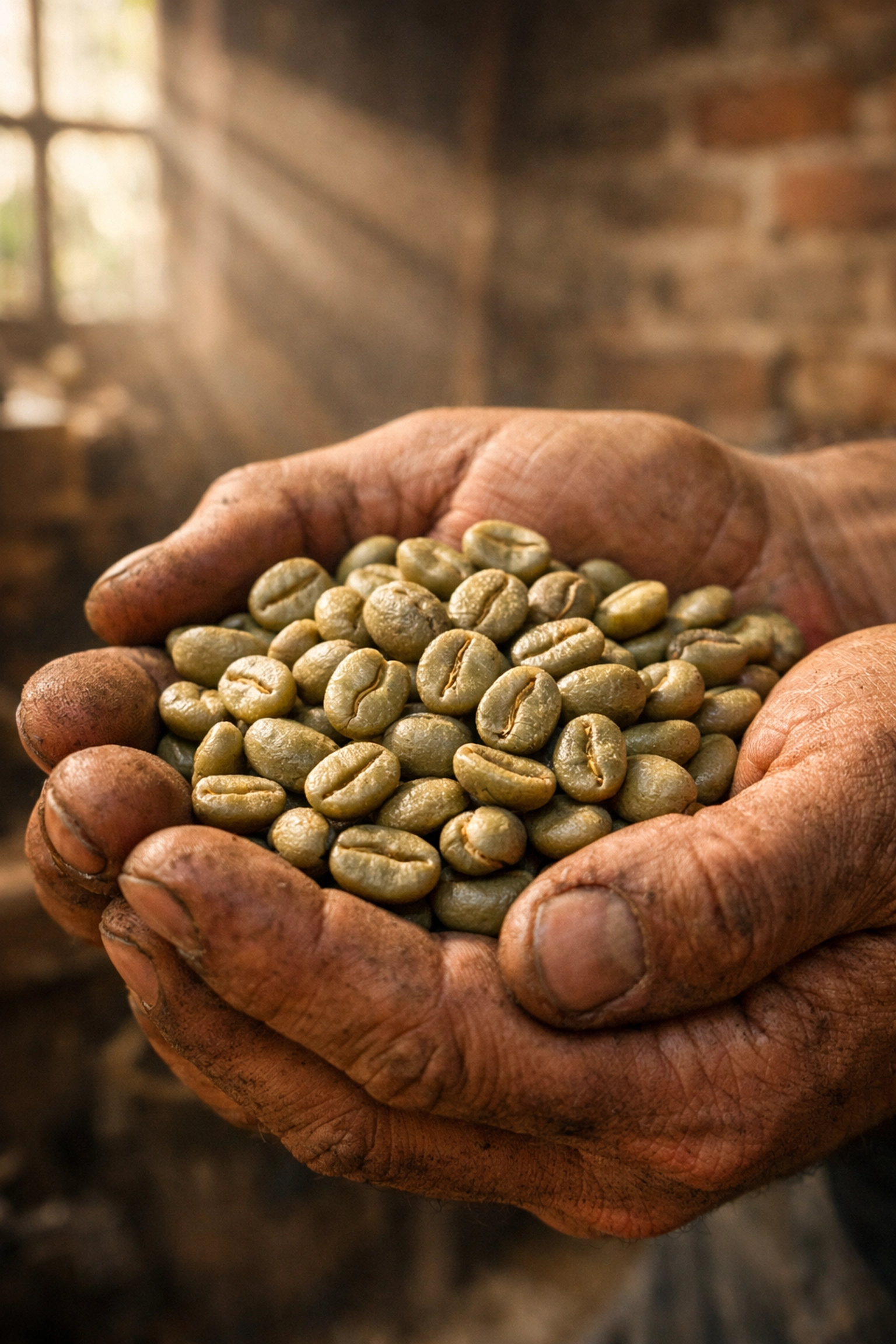 Handheld specialty green coffee beans in a Toledo workshop, ensuring mold-free quality.