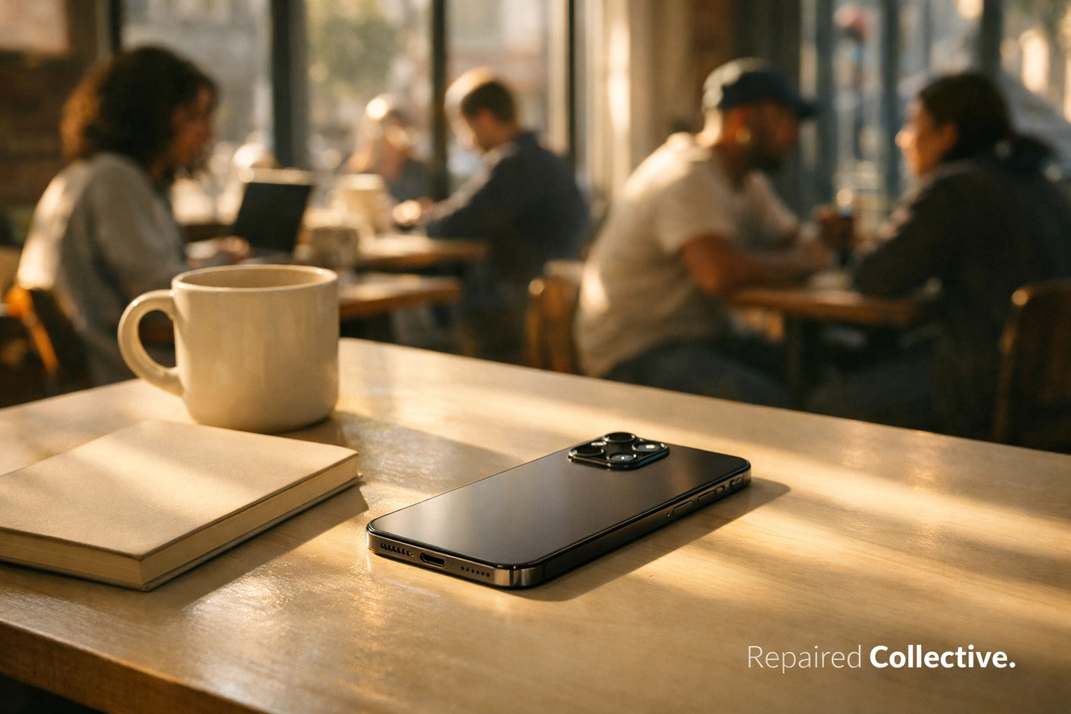 A functional iPhone in a sun-drenched Bed-Stuy cafe, highlighting sustainable tech and repair in Brooklyn.