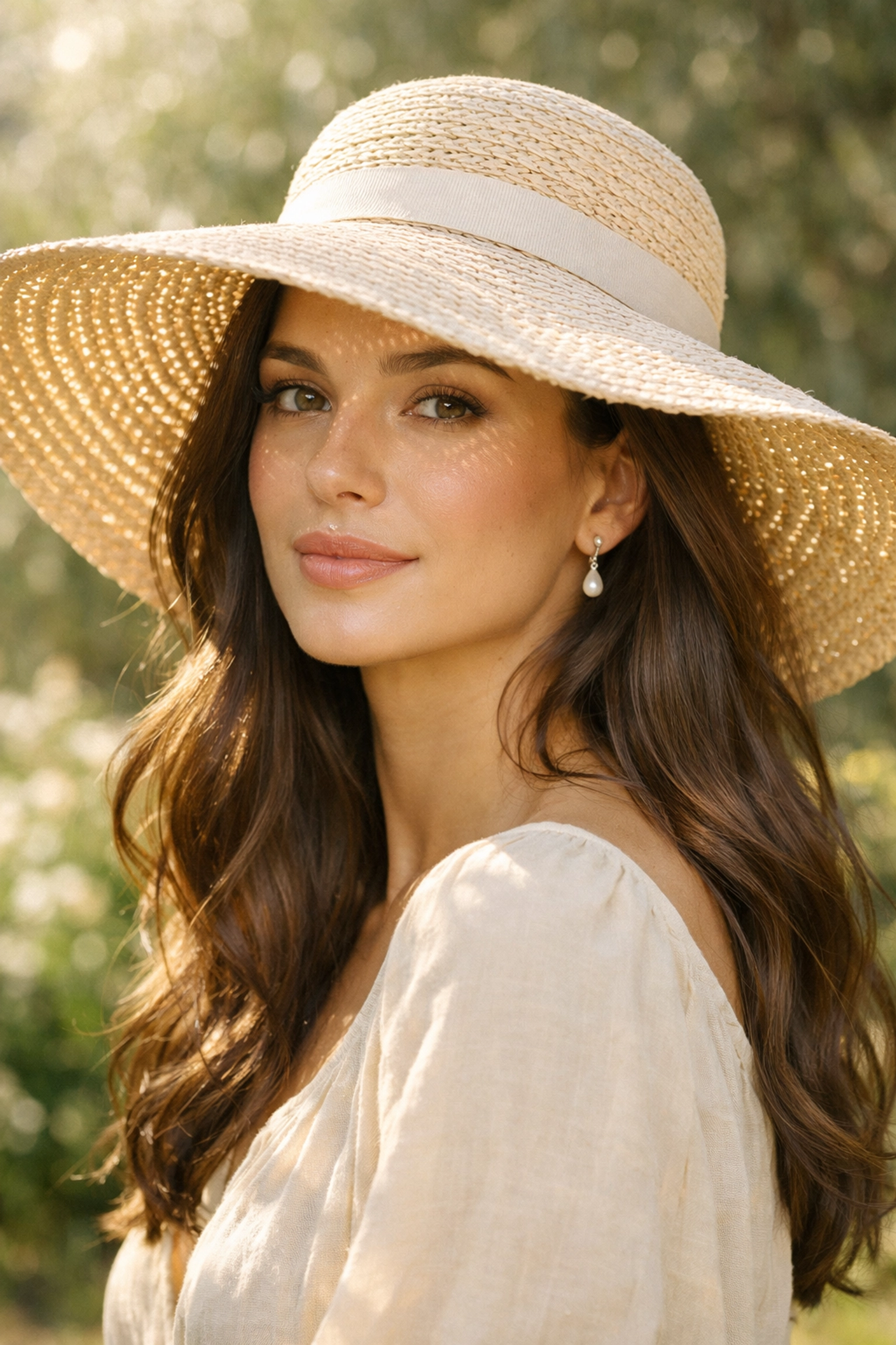 Woman wearing a straw hat to protect her glossy hair from UV rays during summer in Concord NH.