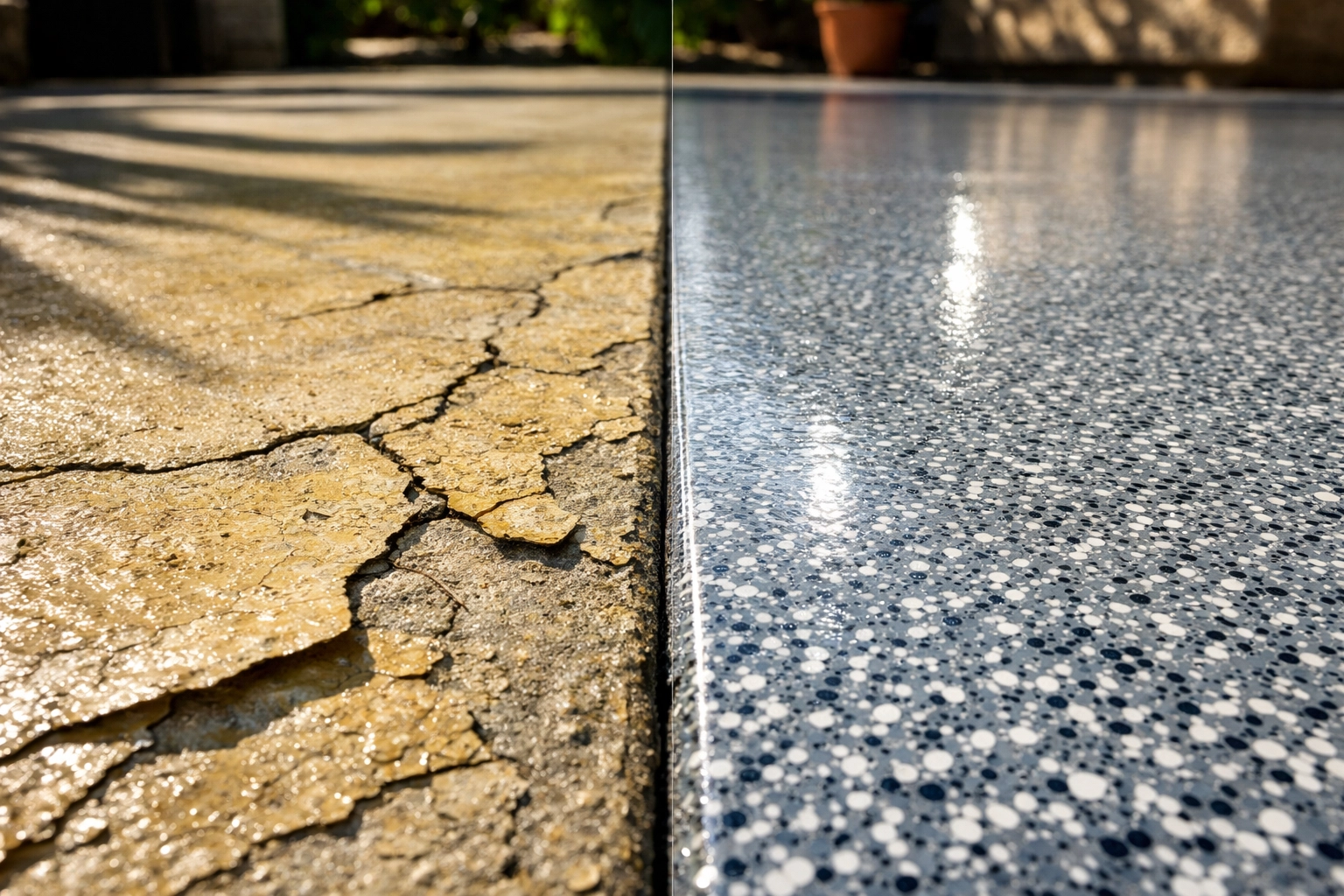 UV damaged epoxy coating versus durable polyaspartic patio surface comparison