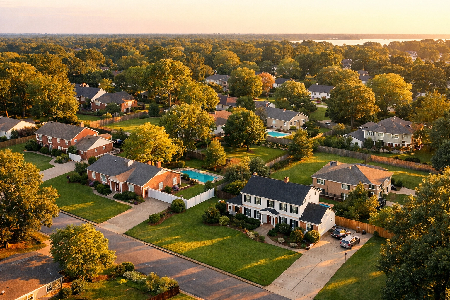 Aerial view of Point O' View neighborhood Virginia Beach with spacious lots and mature trees