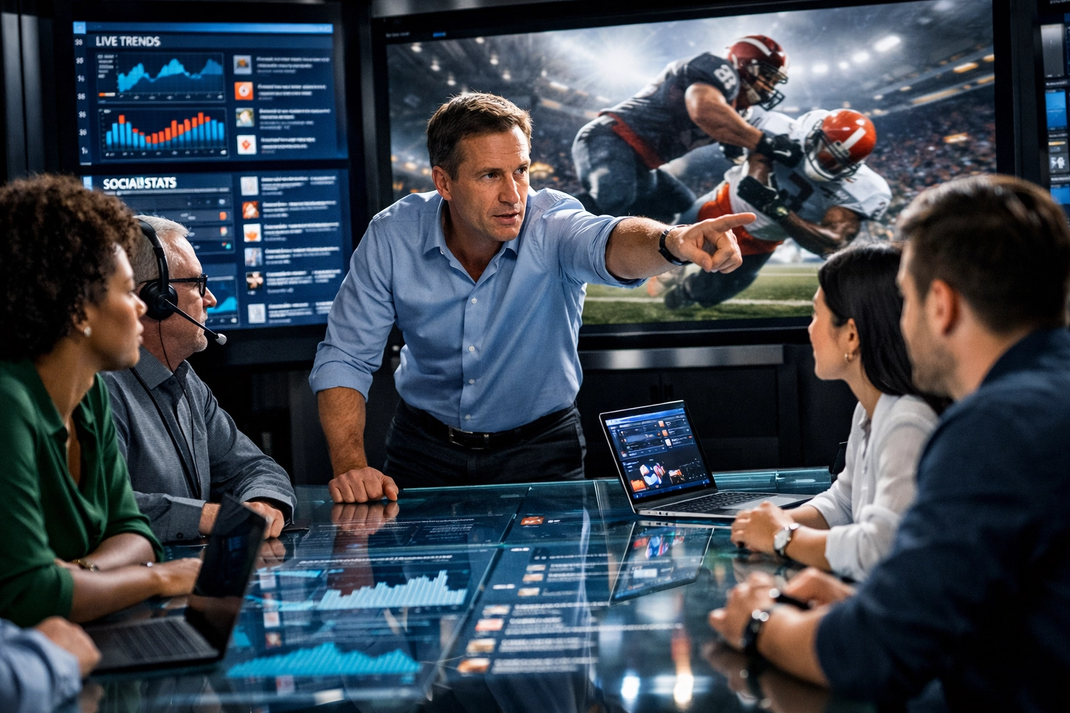 Business consultants in a high-tech war room analyzing Super Bowl marketing data and growth analytics.