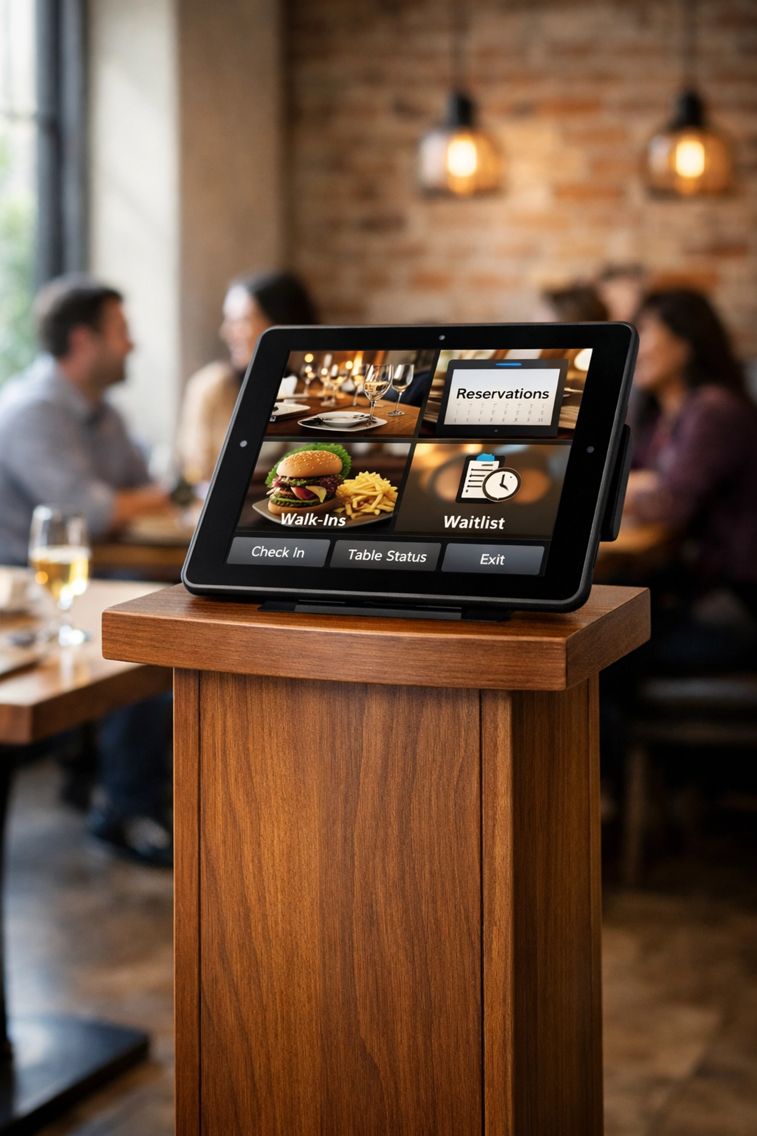 Self-service tablet kiosk at restaurant host stand for streamlined customer ordering