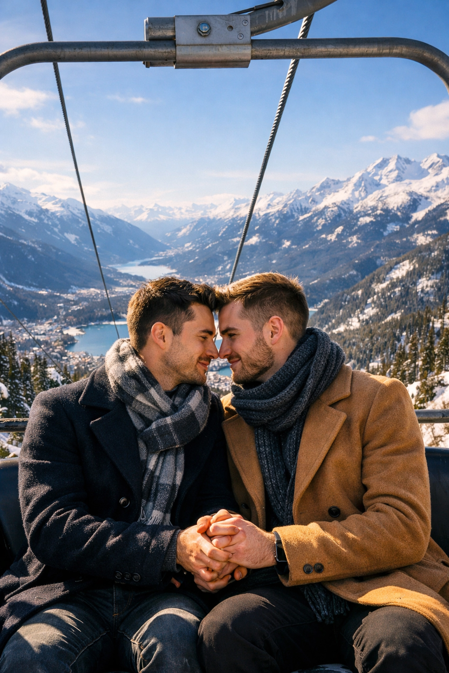 Two grooms holding hands on Whistler gondola overlooking snowy valley, gay mountain wedding adventure