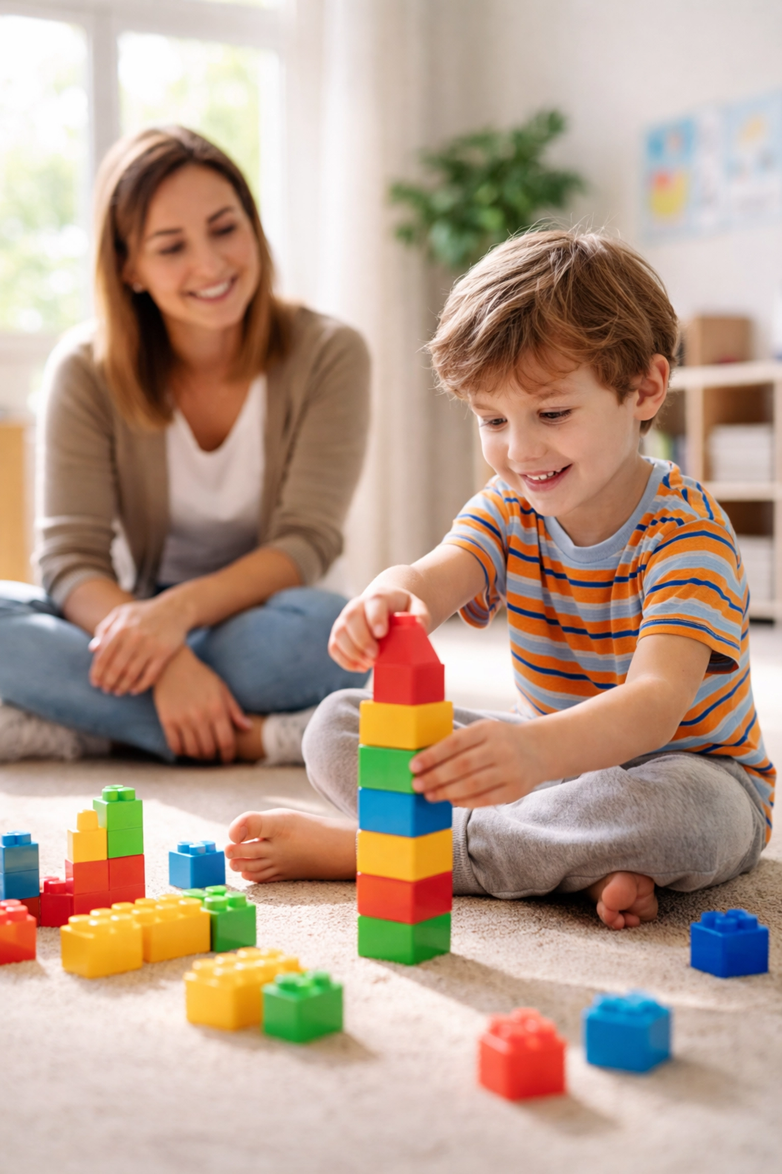 Child playing with colorful blocks in ABA therapy room with caring therapist in Tyrone, Georgia.