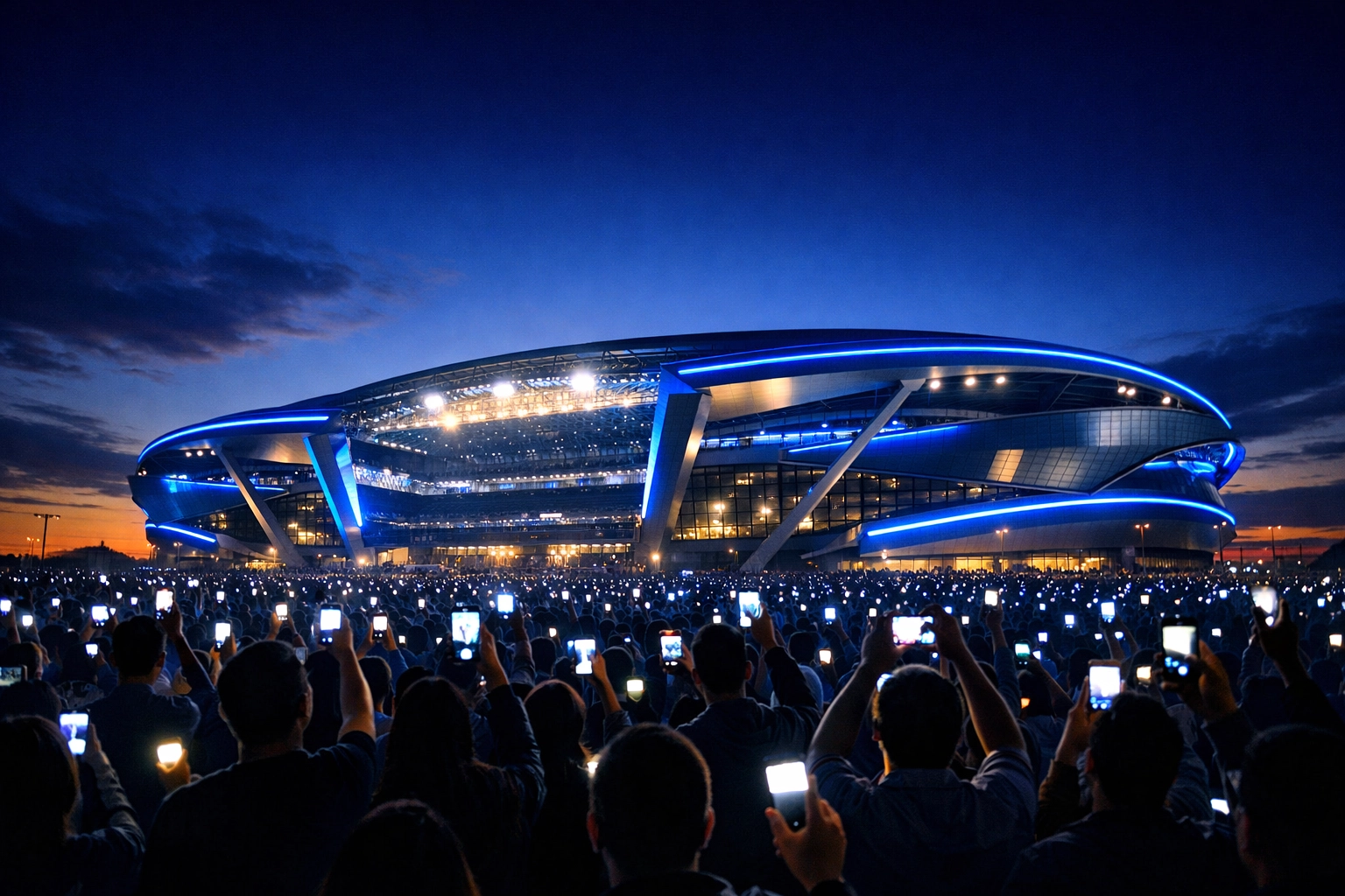 Crowd at a modern sports stadium during Super Bowl 2026 highlighting digital media connectivity.