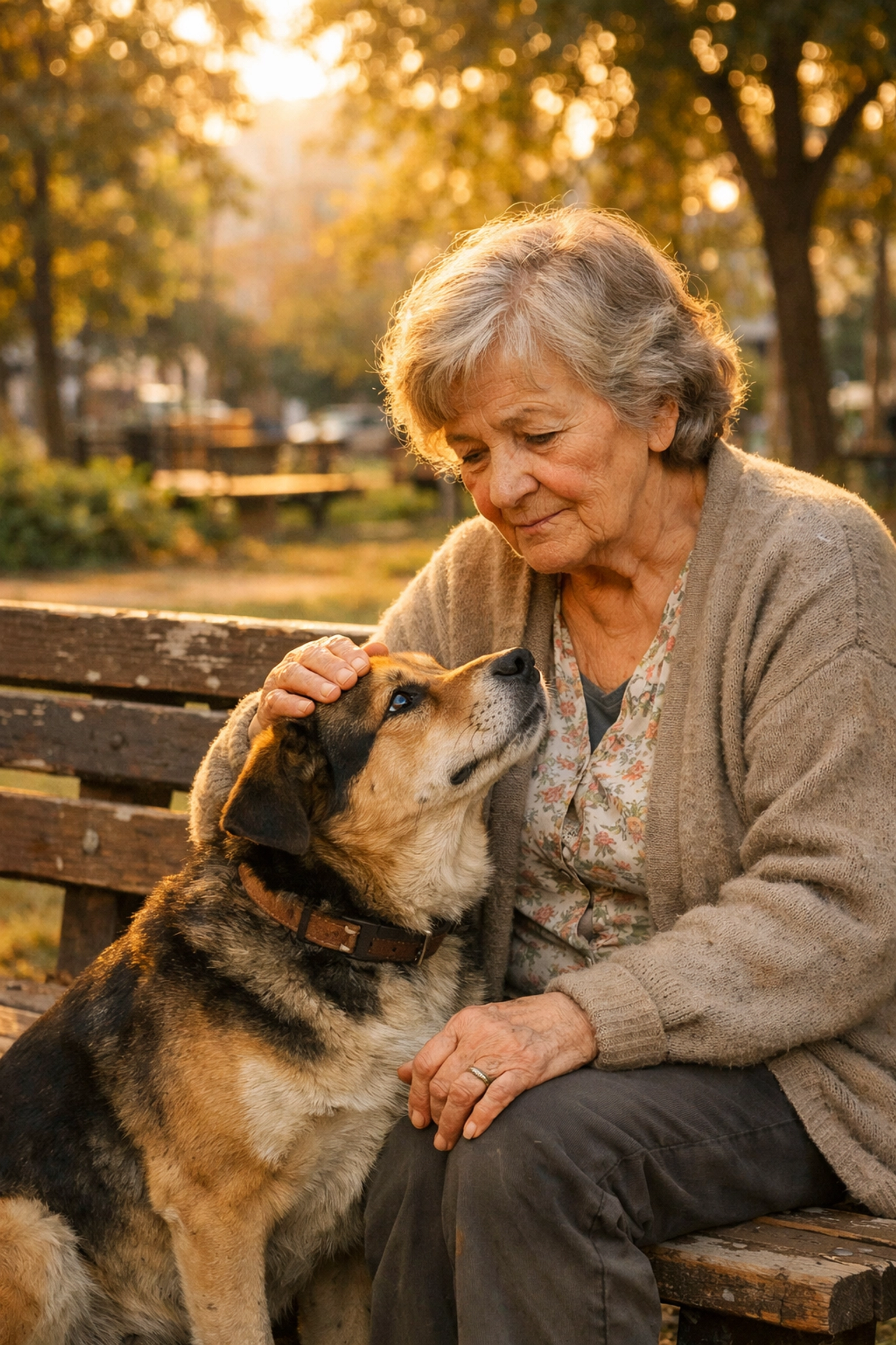 Senior woman with dog in park representing vulnerable pet owners needing veterinary care