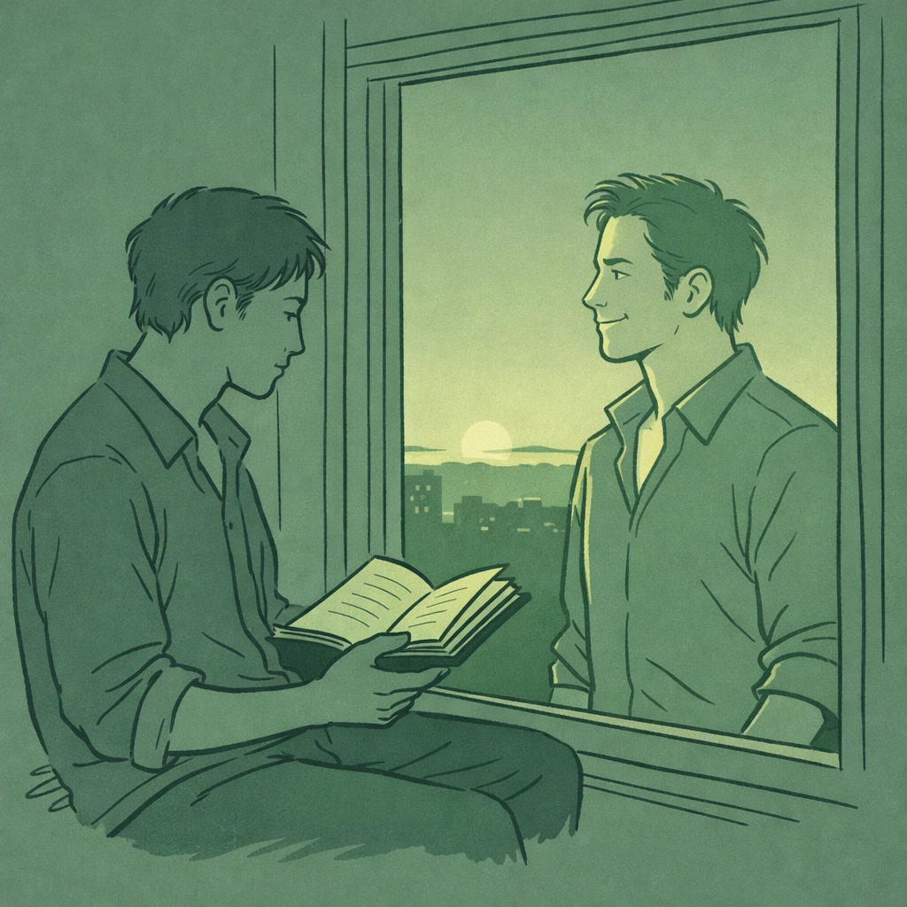 Man reading LGBTQ fiction with his confident reflection visible in window