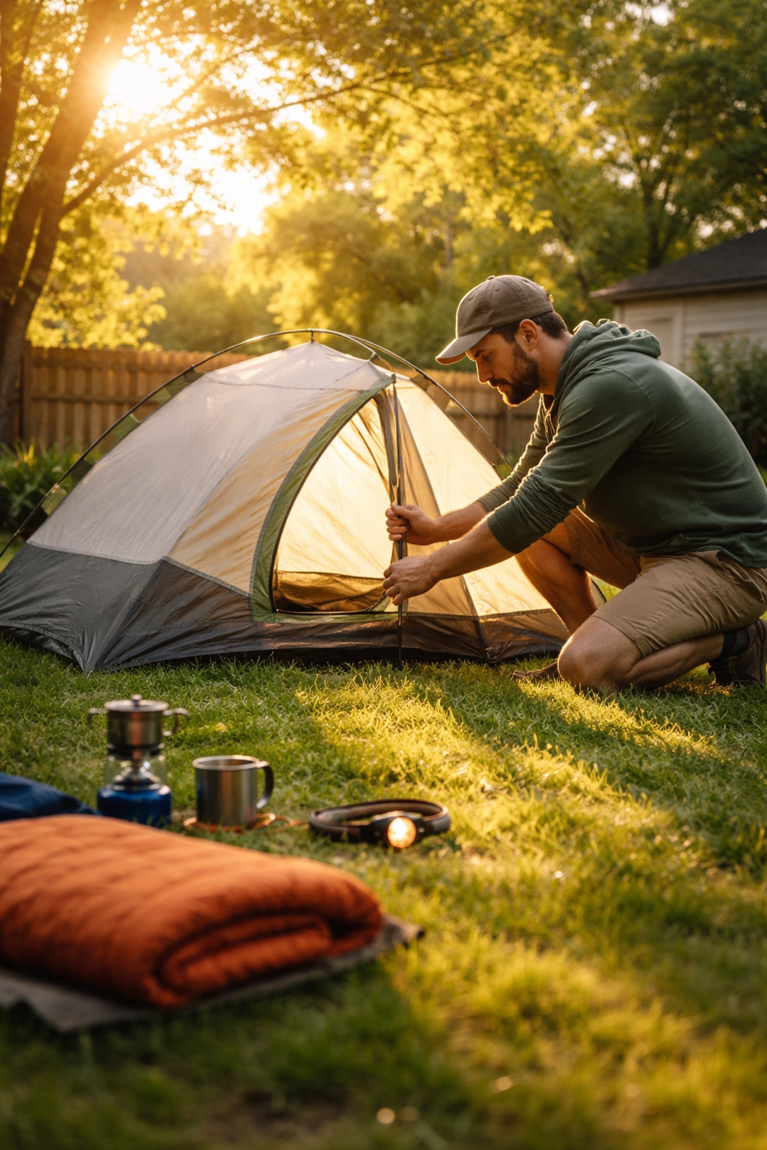 Person setting up a camping tent and gear in a UK garden, preparing for a wild camping adventure.