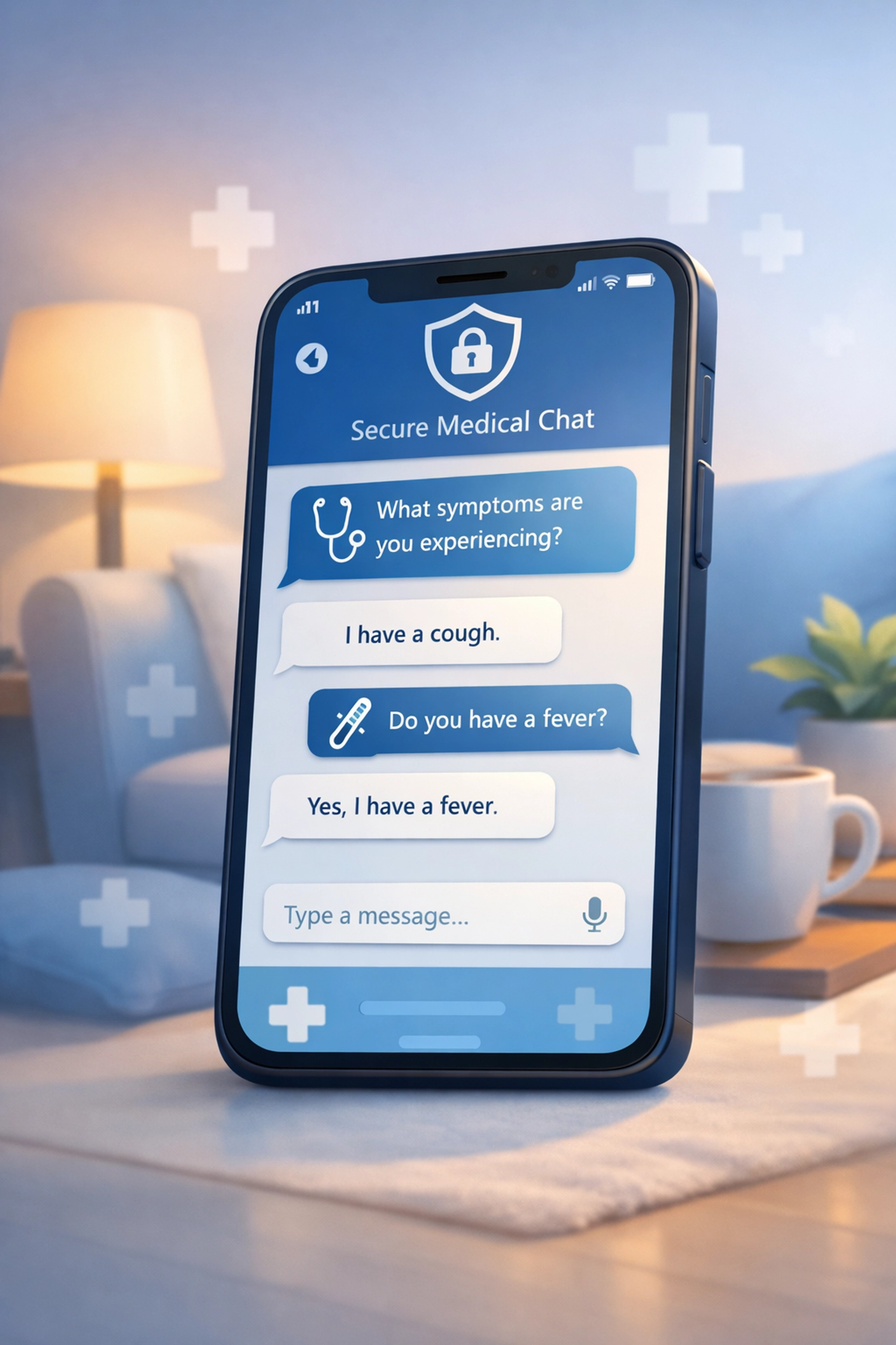 Smartphone displaying online medical chat for sinus infection prescription consultation at home