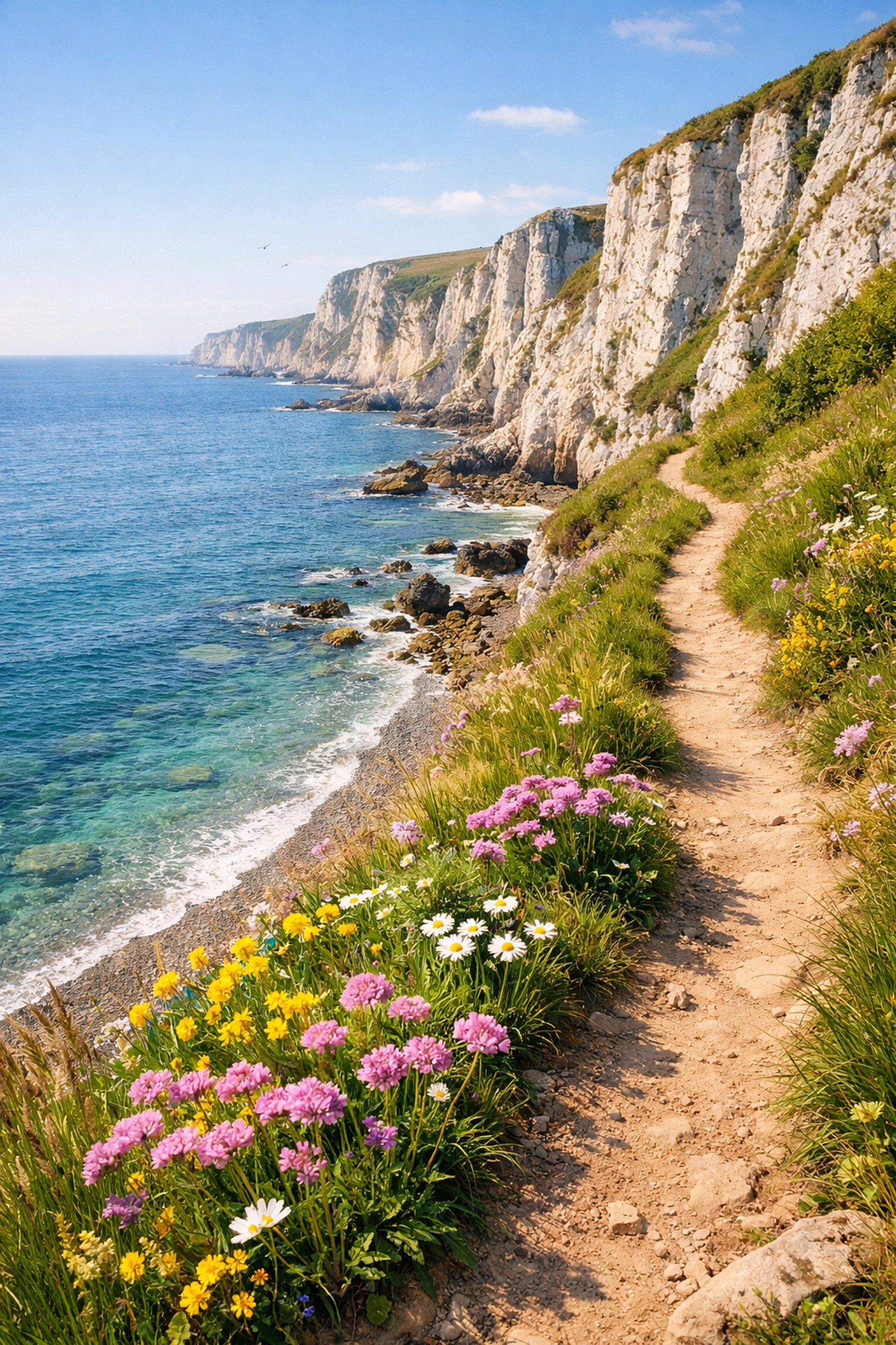Coastal path along white cliffs and turquoise water on a guided hiking tour in Cornwall.
