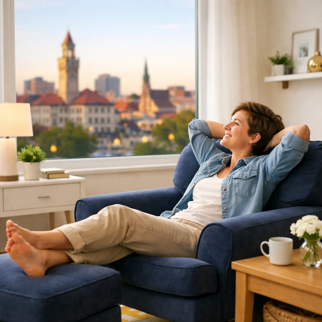 Relaxing in a clean Worcester apartment after professional WPI cleaning services by The Cleaning Ninjas.