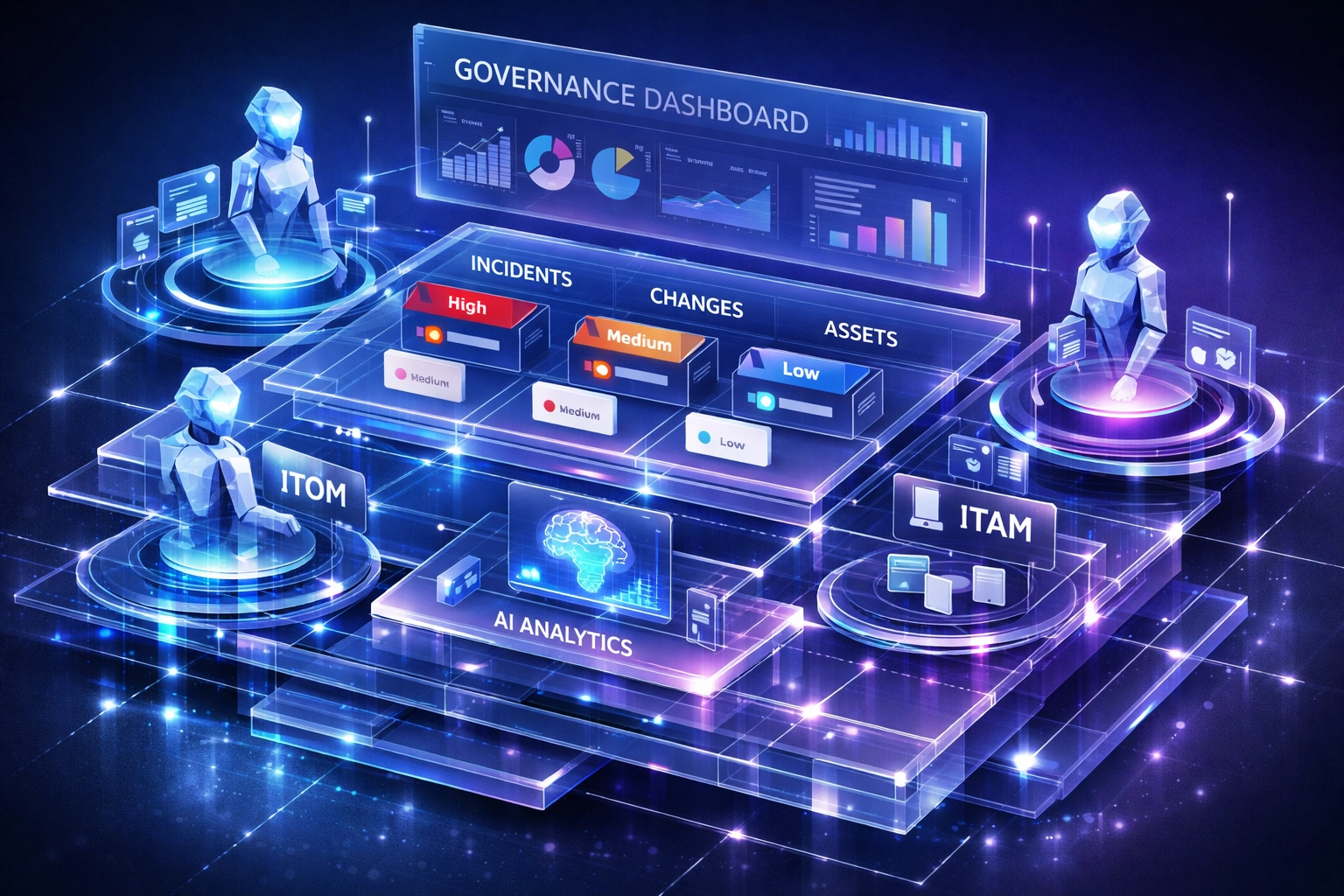 ServiceNow governance dashboard showing ITOM and ITAM modules with AI monitoring