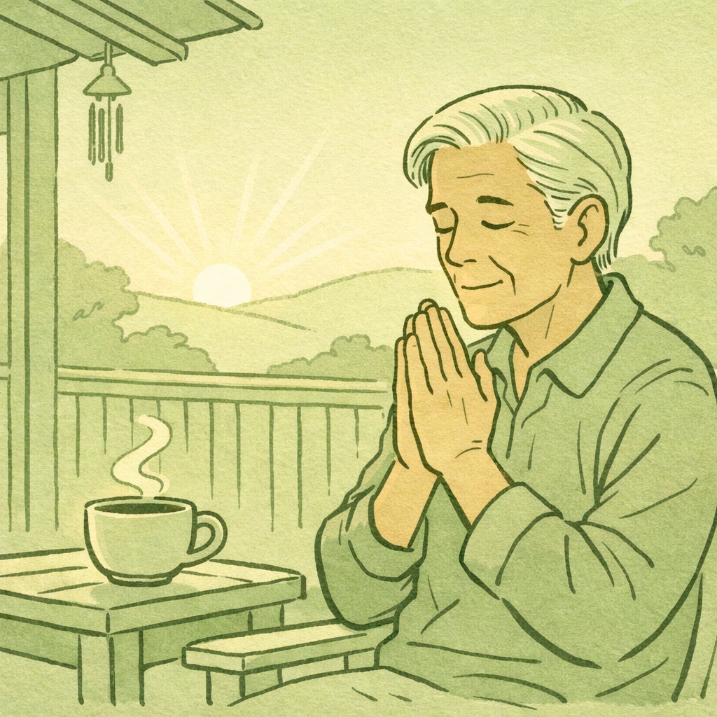 Elderly gay man praying peacefully at sunrise - faith and LGBTQ+ identity in MM romance fiction